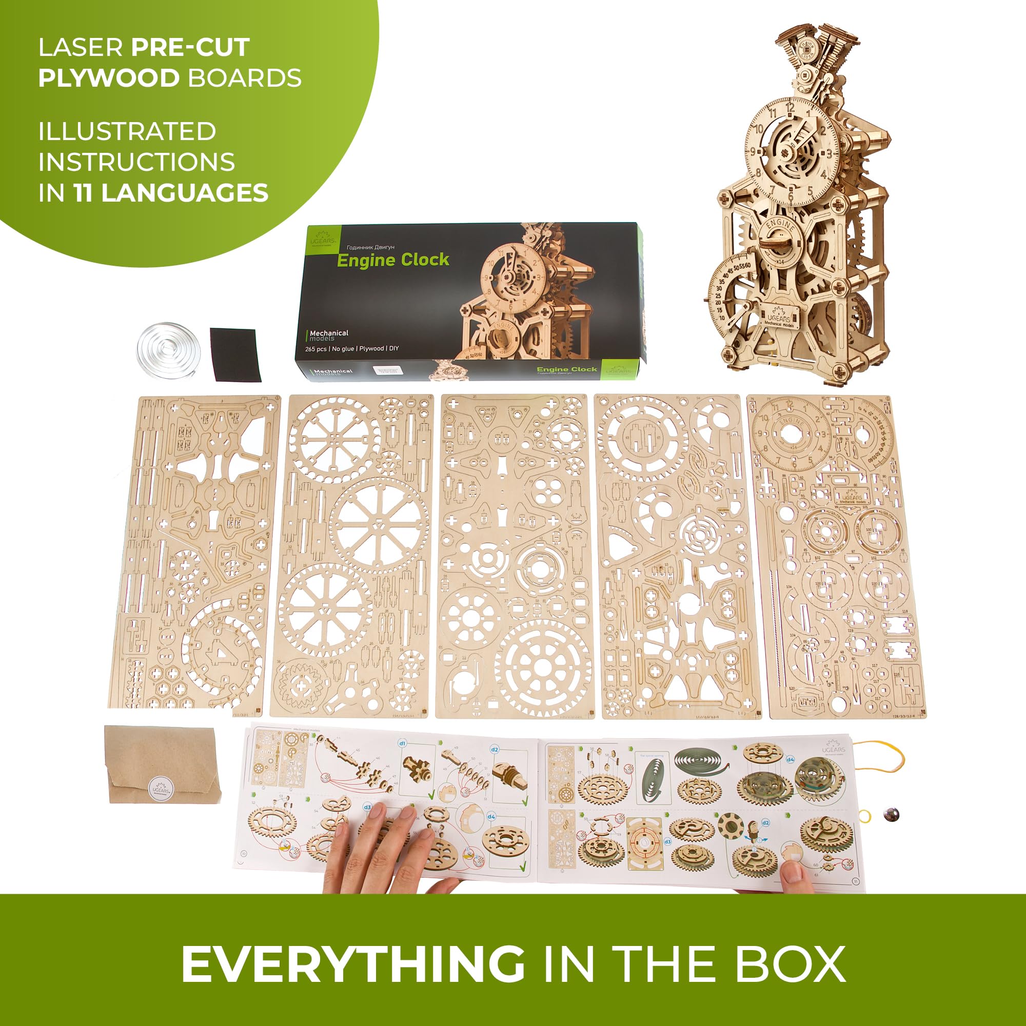 UGEARS UGEARS Engine Clock 3D Wooden Puzzle for Adults Functional DIY Table Clock Kit with Moving Pistons 265 Pcs Miniature Model to Build - View 6 of 9