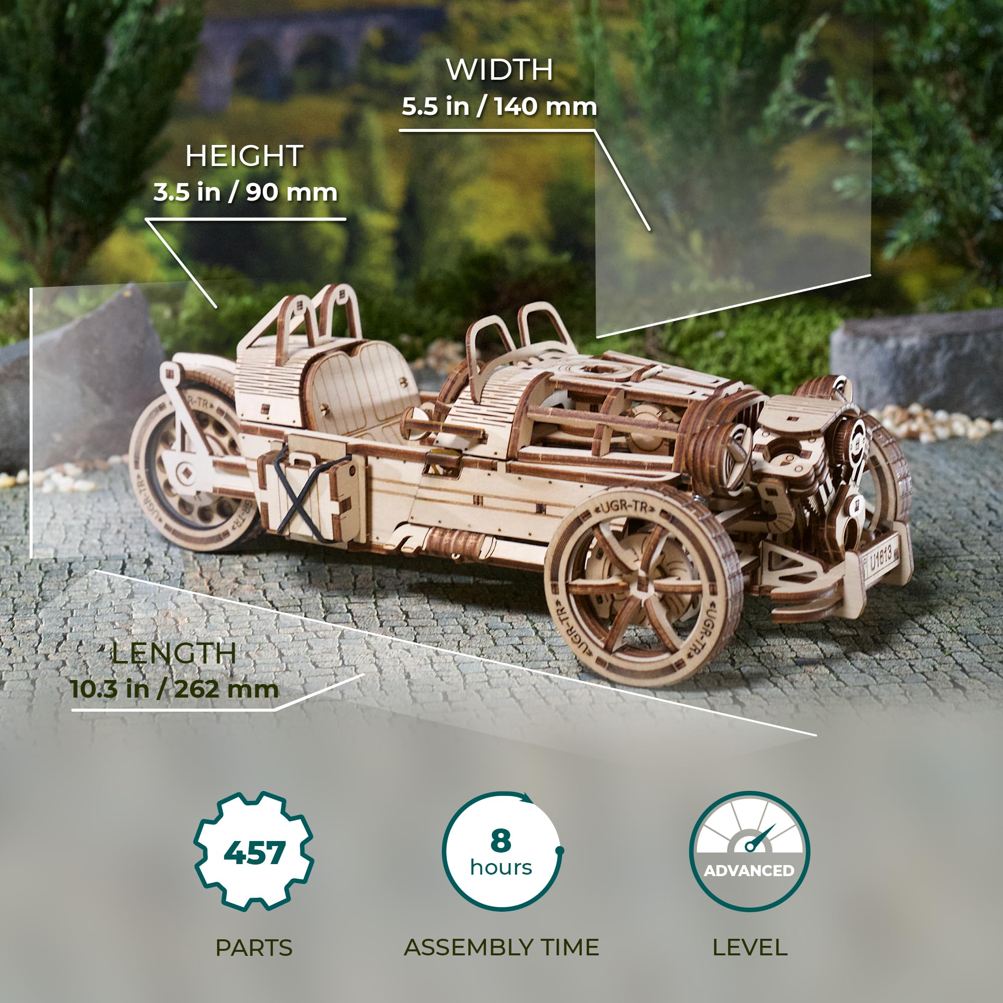 UGEARS UGEARS Wooden 3D Puzzles for Adults Three-Wheeler UGR-S Motorcycle Model Kit with Spring Motor and Functional Steering DIY Model 457 Pcs - View 2 of 7