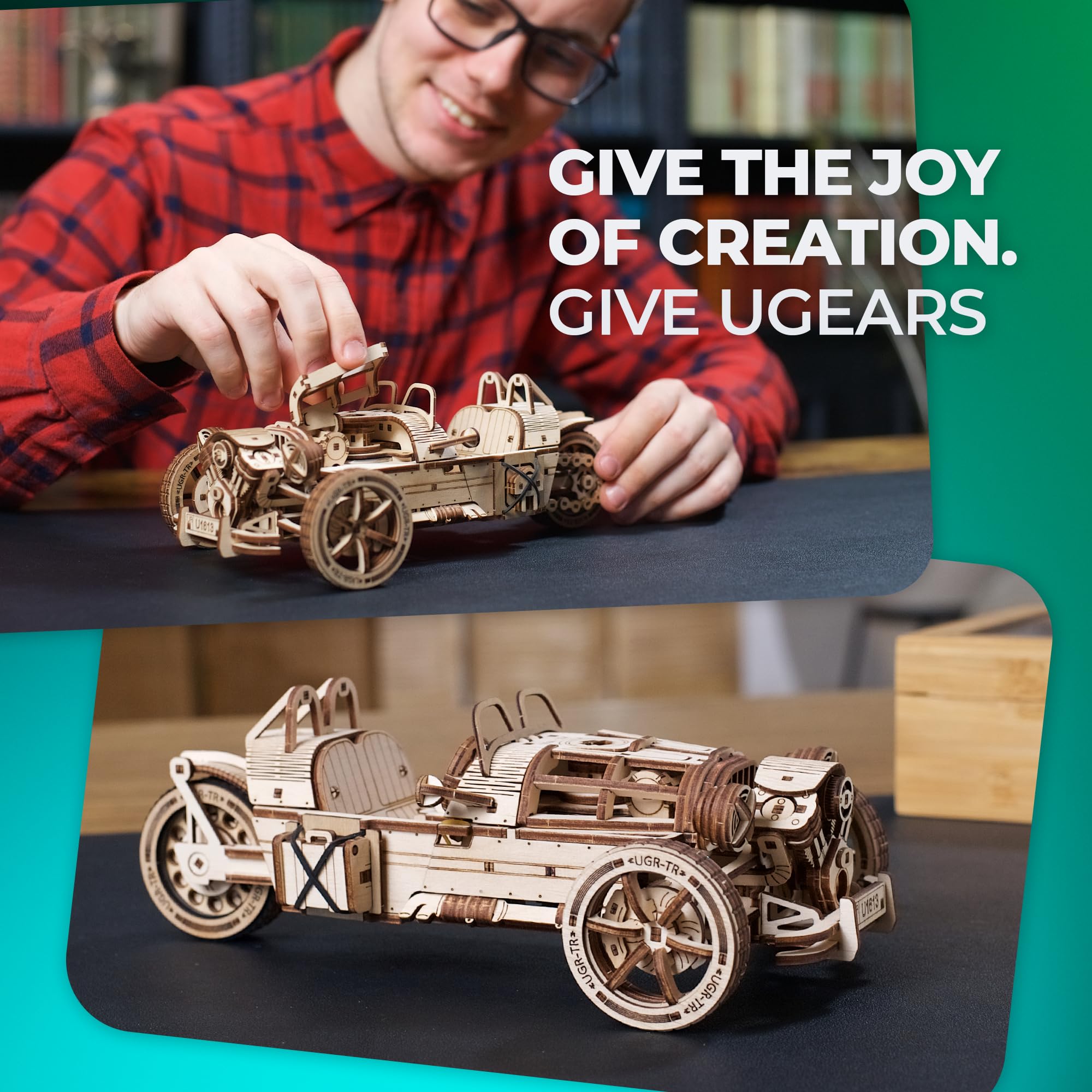 UGEARS UGEARS Wooden 3D Puzzles for Adults Three-Wheeler UGR-S Motorcycle Model Kit with Spring Motor and Functional Steering DIY Model 457 Pcs - View 3 of 7