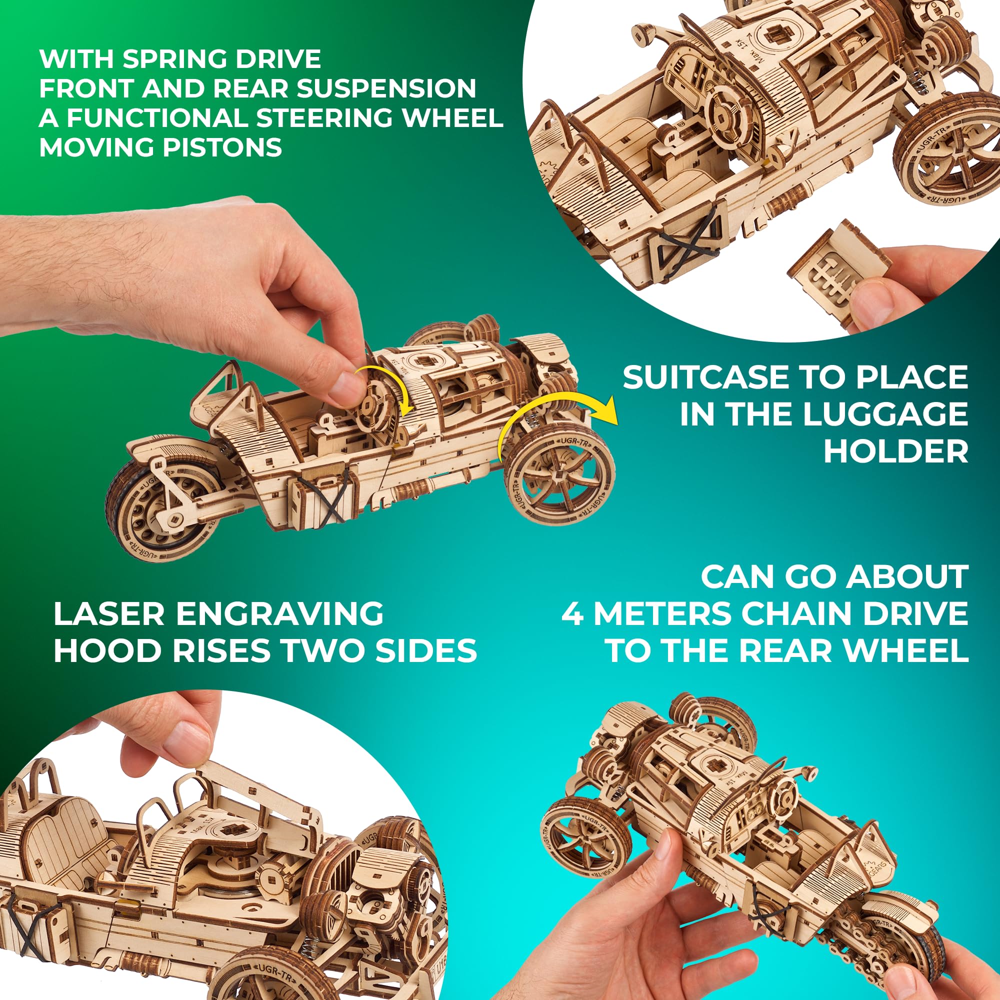 UGEARS UGEARS Wooden 3D Puzzles for Adults Three-Wheeler UGR-S Motorcycle Model Kit with Spring Motor and Functional Steering DIY Model 457 Pcs - View 4 of 7