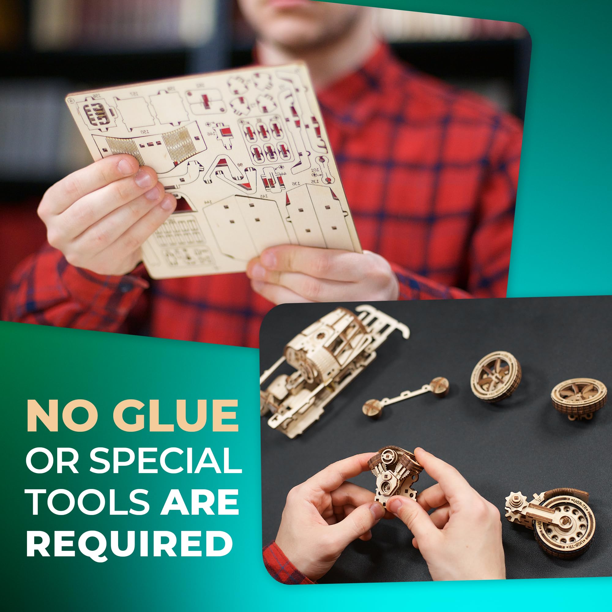 UGEARS UGEARS Wooden 3D Puzzles for Adults Three-Wheeler UGR-S Motorcycle Model Kit with Spring Motor and Functional Steering DIY Model 457 Pcs - View 5 of 7