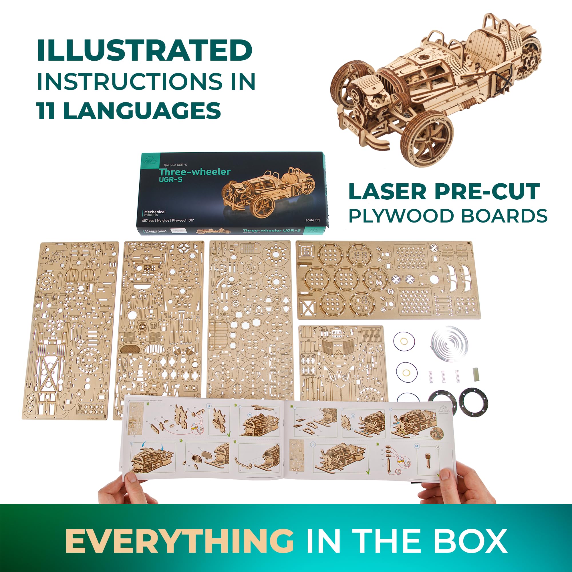 UGEARS UGEARS Wooden 3D Puzzles for Adults Three-Wheeler UGR-S Motorcycle Model Kit with Spring Motor and Functional Steering DIY Model 457 Pcs - View 6 of 7