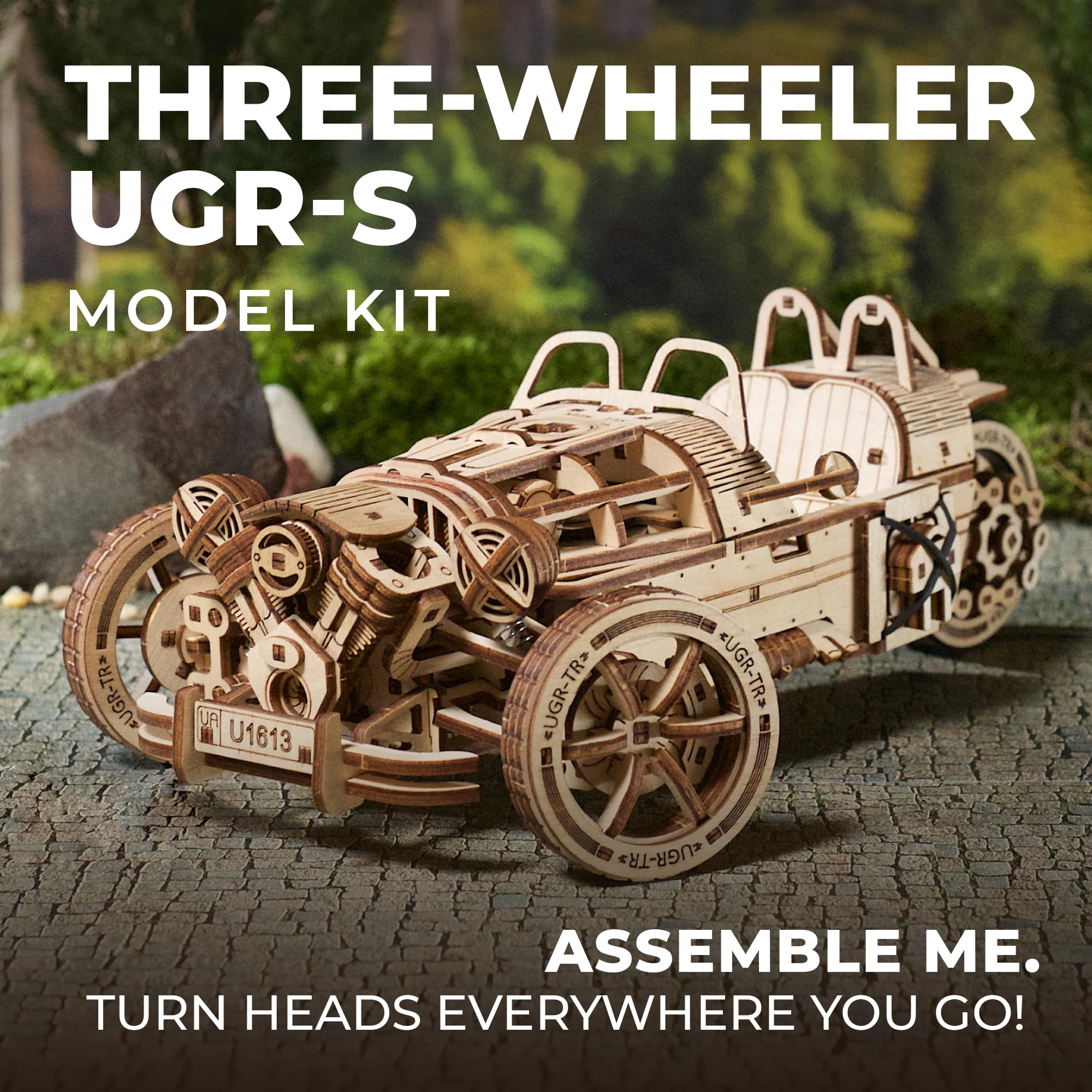 UGEARS UGEARS Wooden 3D Puzzles for Adults Three-Wheeler UGR-S Motorcycle Model Kit with Spring Motor and Functional Steering DIY Model 457 Pcs - View 7 of 7