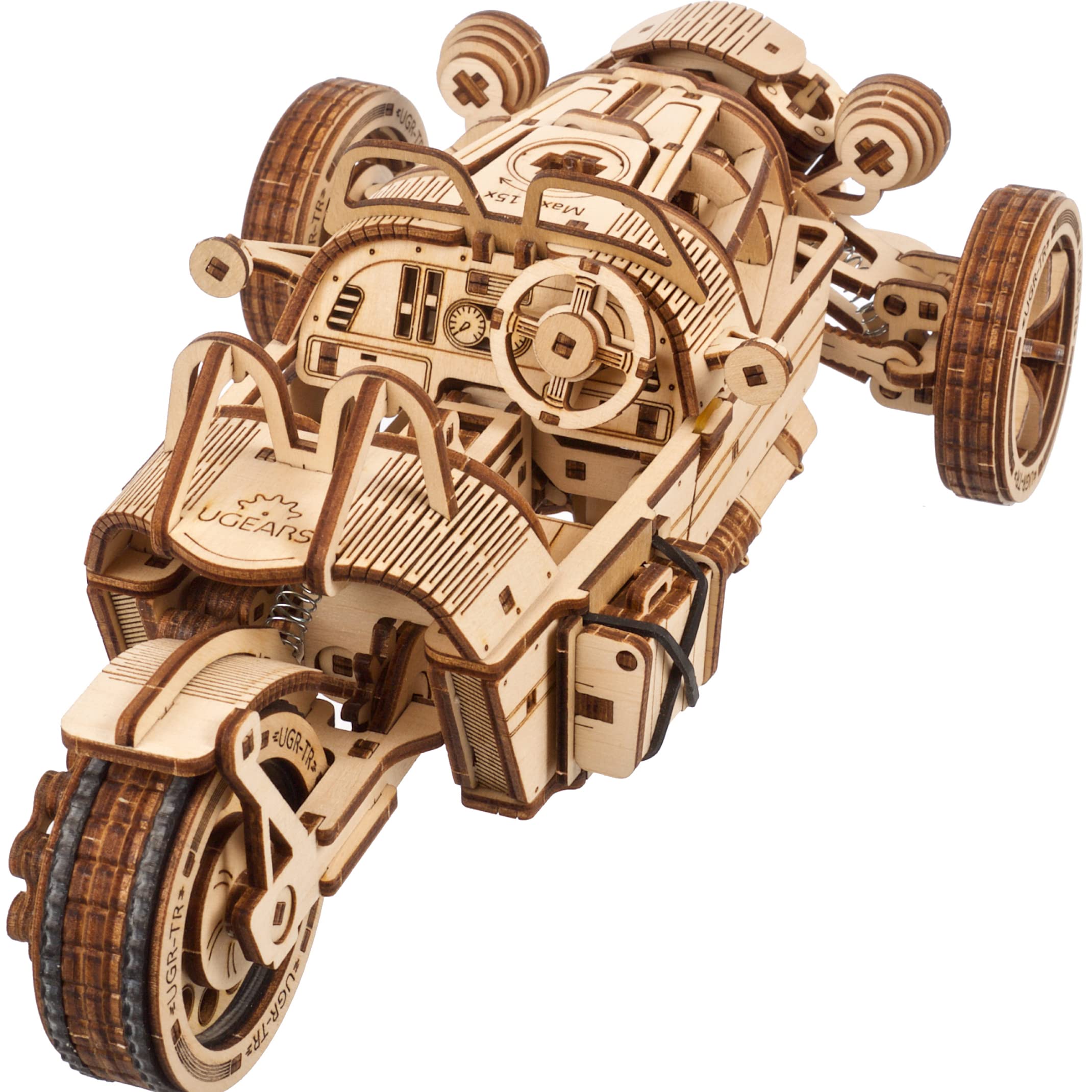 UGEARS UGEARS Wooden 3D Puzzles for Adults Three-Wheeler UGR-S Motorcycle Model Kit with Spring Motor and Functional Steering DIY Model 457 Pcs