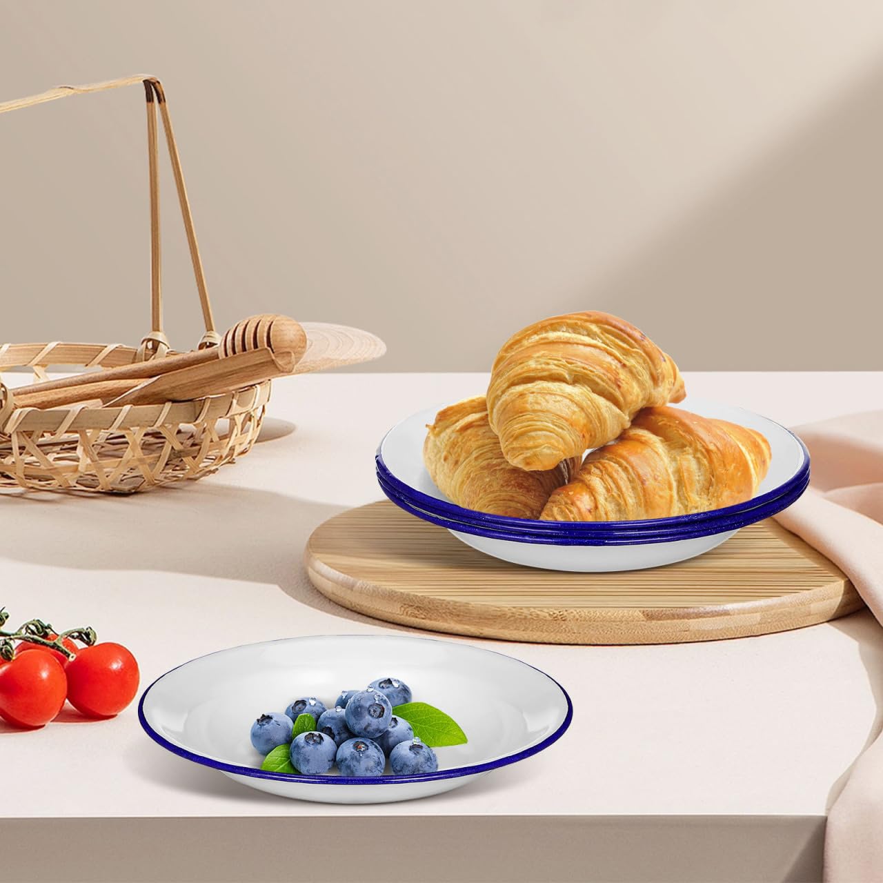 DOITOOL DOITOOL Set of 4 Unbreakable Enamel Plates 6.3 Inch Retro Dinner Serving Trays with Blue Rim Ideal for Outdoor Camping Picnic BBQ - View 5 of 9