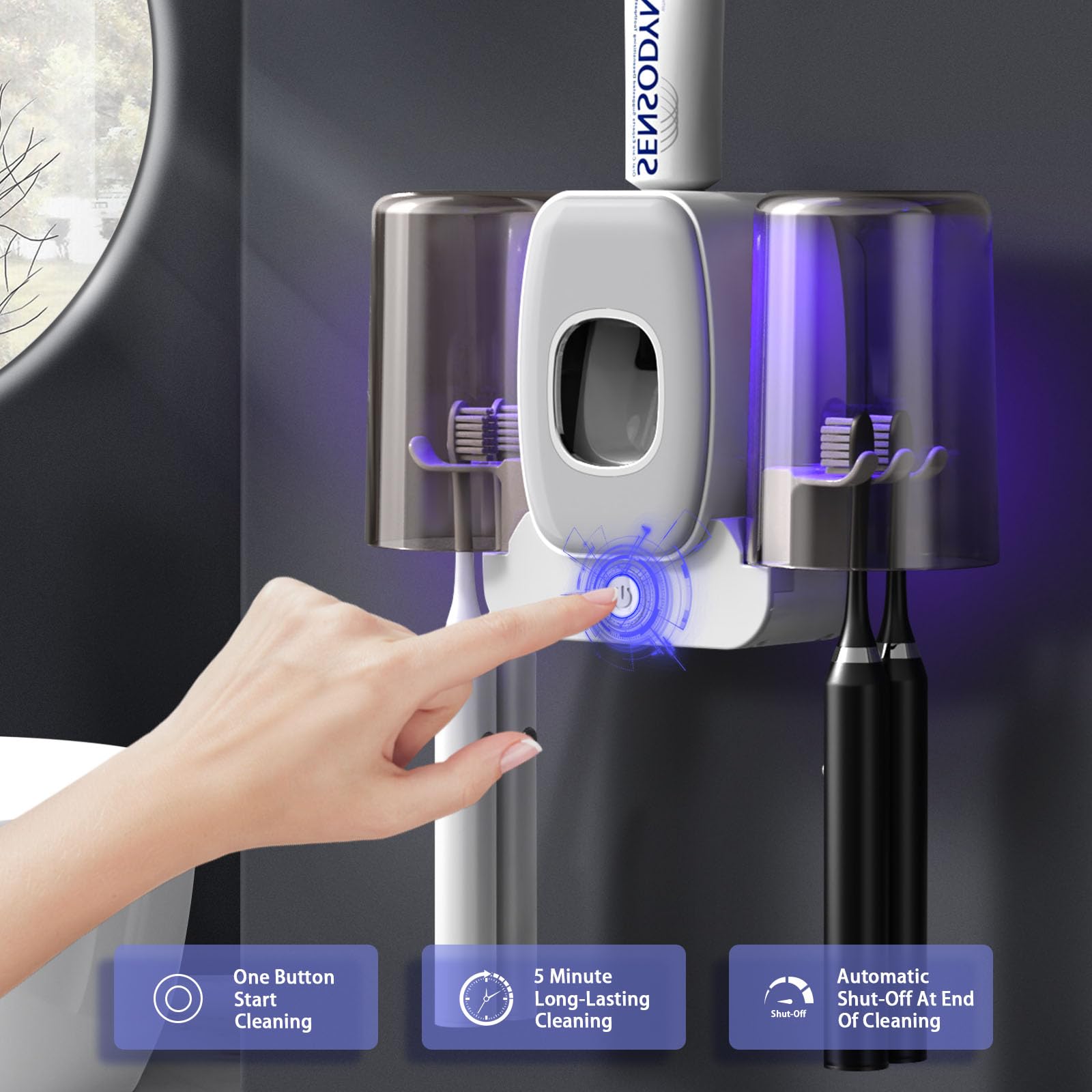 Wekity Automatic Toothpaste Dispenser and Toothbrush Holder Wall Mounted with 2 Cups for Bathroom Grey Space Saving Solution - View 4 of 8