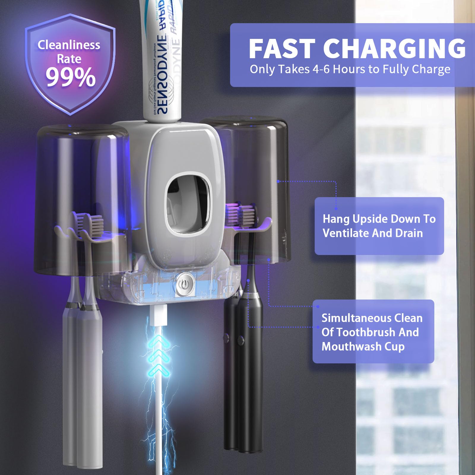 Wekity Automatic Toothpaste Dispenser and Toothbrush Holder Wall Mounted with 2 Cups for Bathroom Grey Space Saving Solution - View 5 of 8