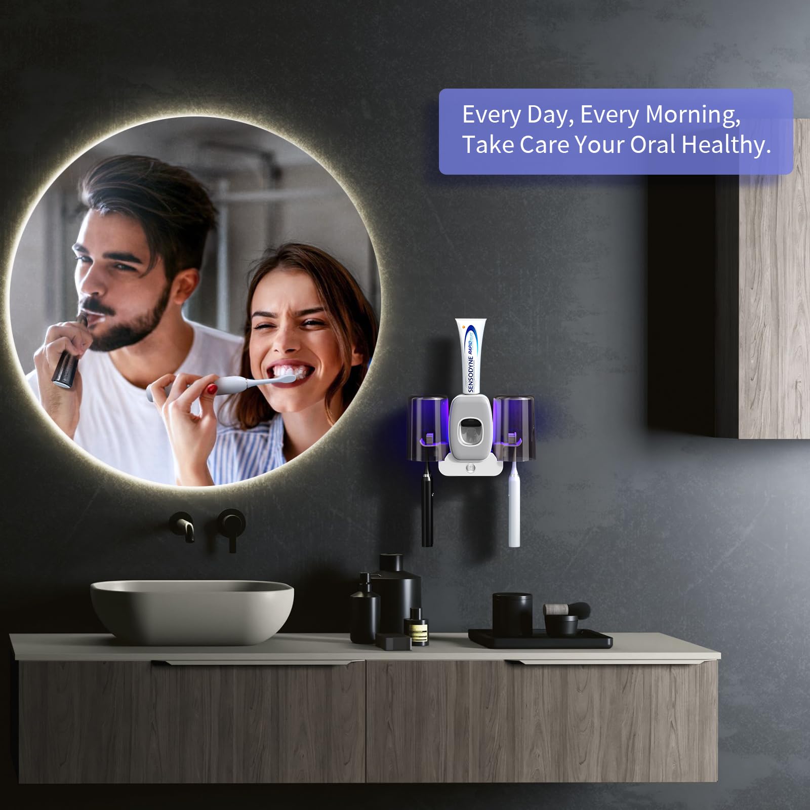 Wekity Automatic Toothpaste Dispenser and Toothbrush Holder Wall Mounted with 2 Cups for Bathroom Grey Space Saving Solution - View 6 of 8