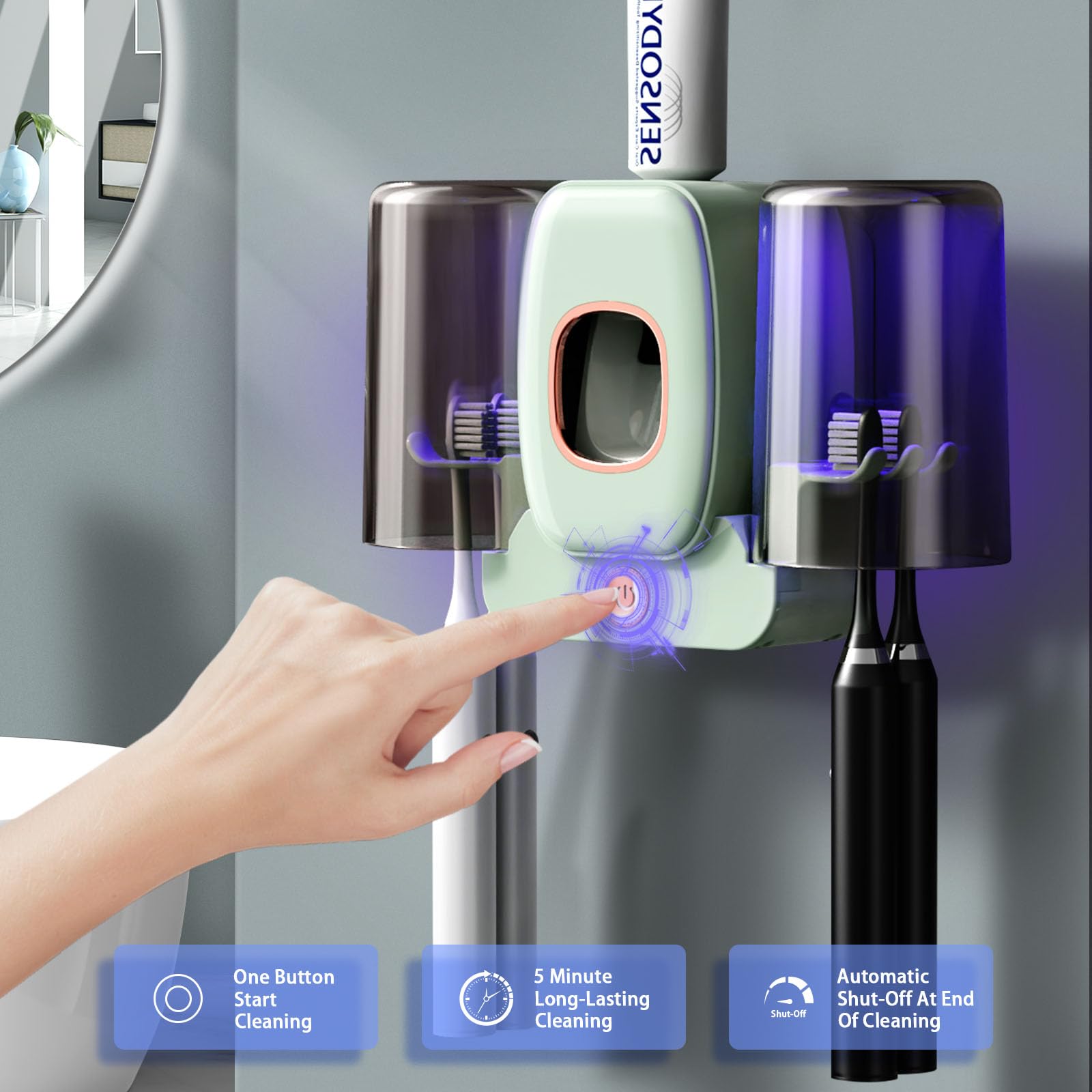 Wekity Wekity Automatic Toothpaste Dispenser and Toothbrush Holder Wall Mounted with 2 Cups for Bathroom Space Saving Green Design - View 3 of 7
