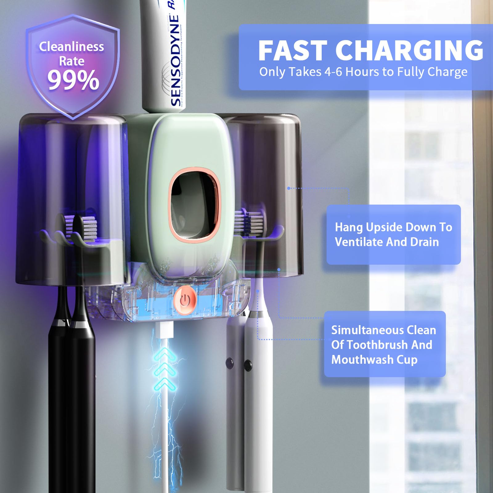 Wekity Wekity Automatic Toothpaste Dispenser and Toothbrush Holder Wall Mounted with 2 Cups for Bathroom Space Saving Green Design - View 5 of 7