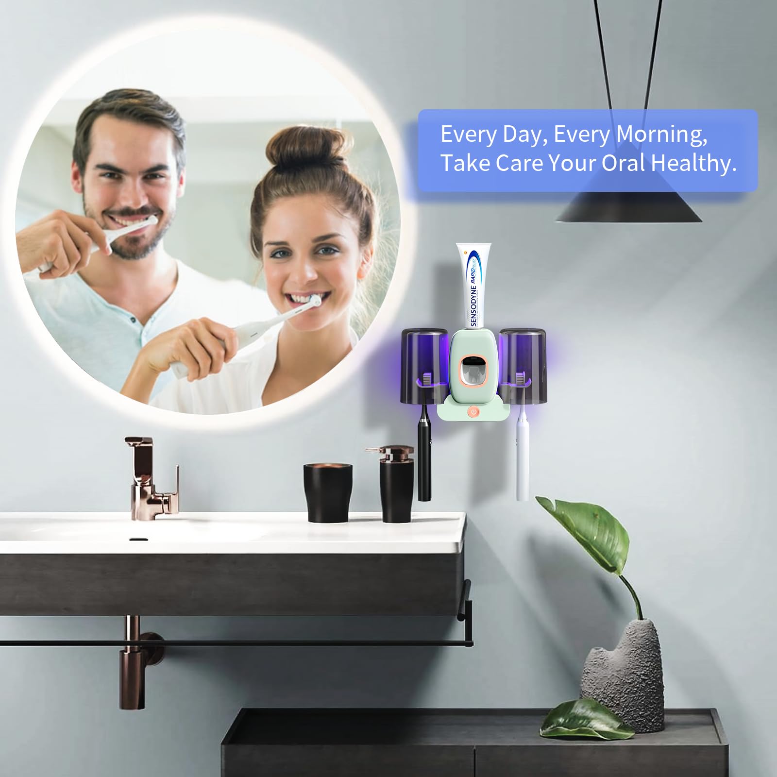 Wekity Wekity Automatic Toothpaste Dispenser and Toothbrush Holder Wall Mounted with 2 Cups for Bathroom Space Saving Green Design - View 6 of 7