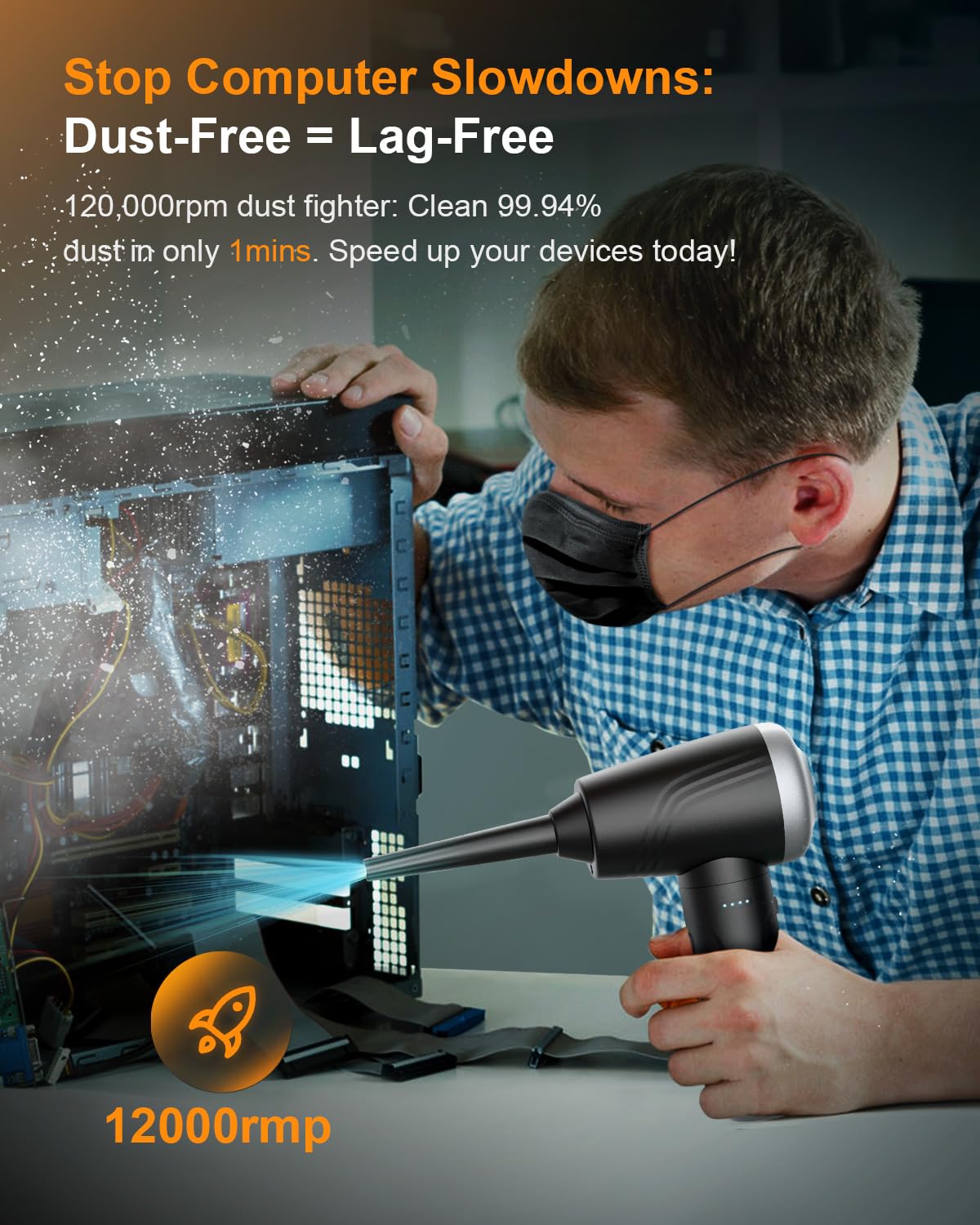 BANKKY BANKKY 11-in-1 Cordless Compressed Air Duster 120000RPM Electric Keyboard Cleaner for Office and Computer Black Silver - View 2 of 9