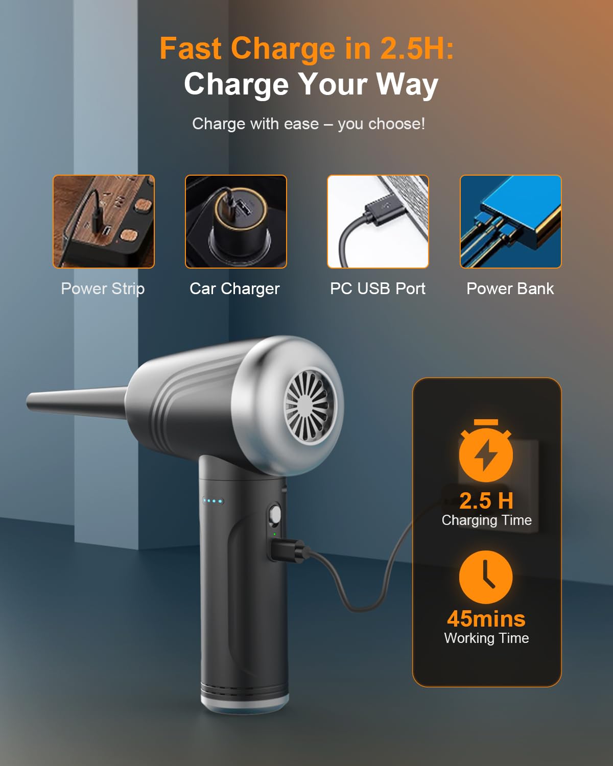 BANKKY BANKKY 11-in-1 Cordless Compressed Air Duster 120000RPM Electric Keyboard Cleaner for Office and Computer Black Silver - View 7 of 9