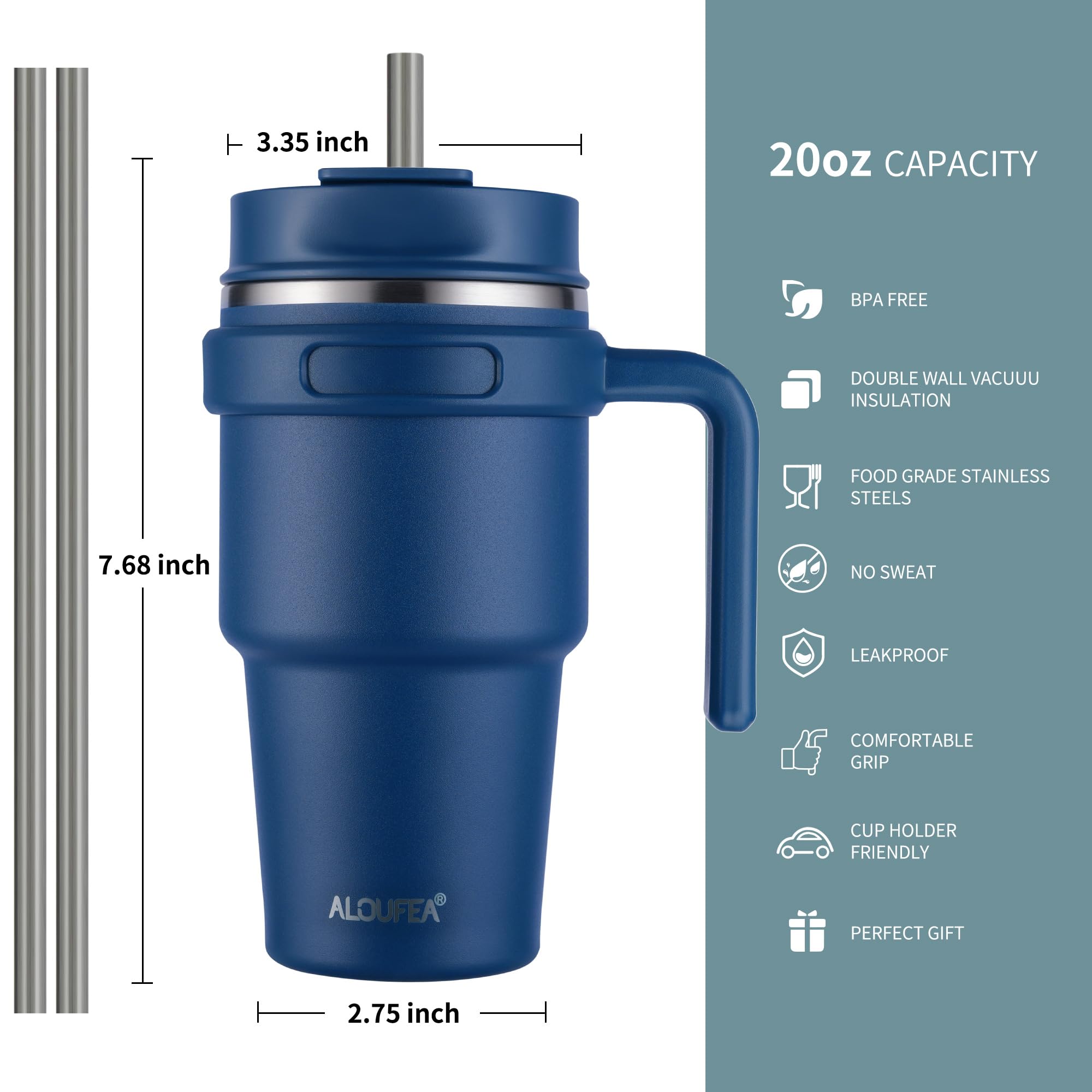 ALOUFEA ALOUFEA 20 oz Insulated Coffee Mug Tumbler with Handle Stainless Steel Travel Mug with Lid and Straw Double Wall Vacuum Leak Proof Navy - View 4 of 8
