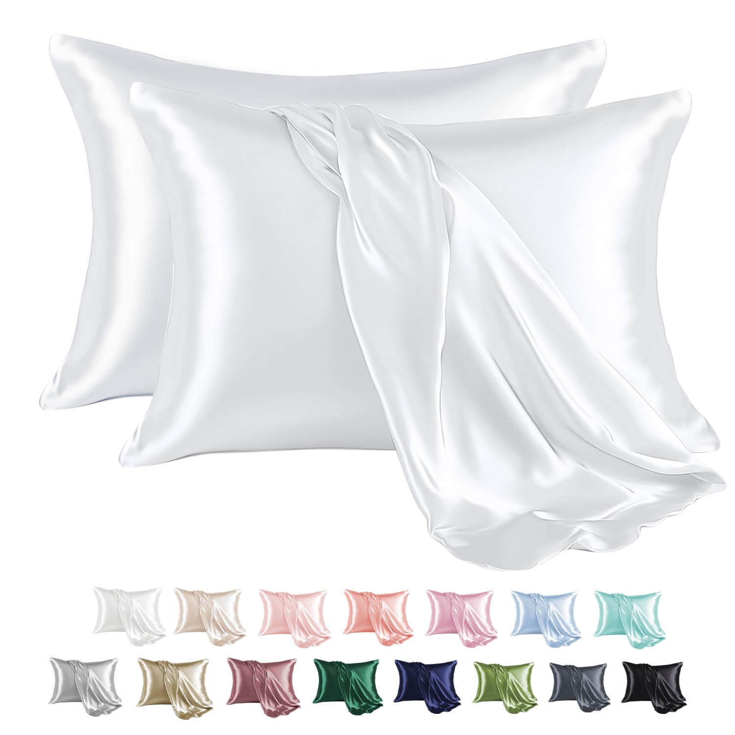 MR&HM MRHM Satin Pillowcase Set of 2 for Hair and Skin Queen Size 20x30 White Silky Pillow Covers with Envelope Closure