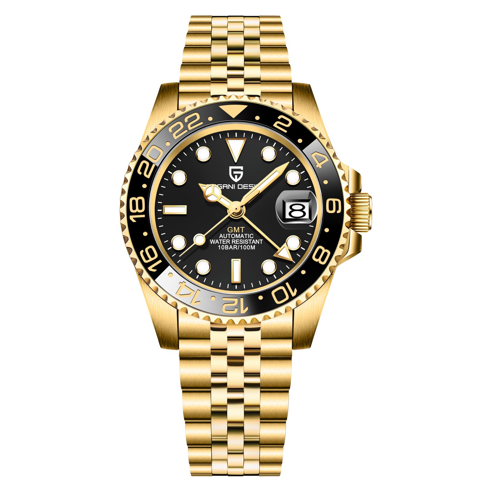 BY BENYAR Pagani Design Men's GMT Automatic Watch Stainless Steel Mechanical Sapphire Glass Jubilee Full Gold Wristwatch