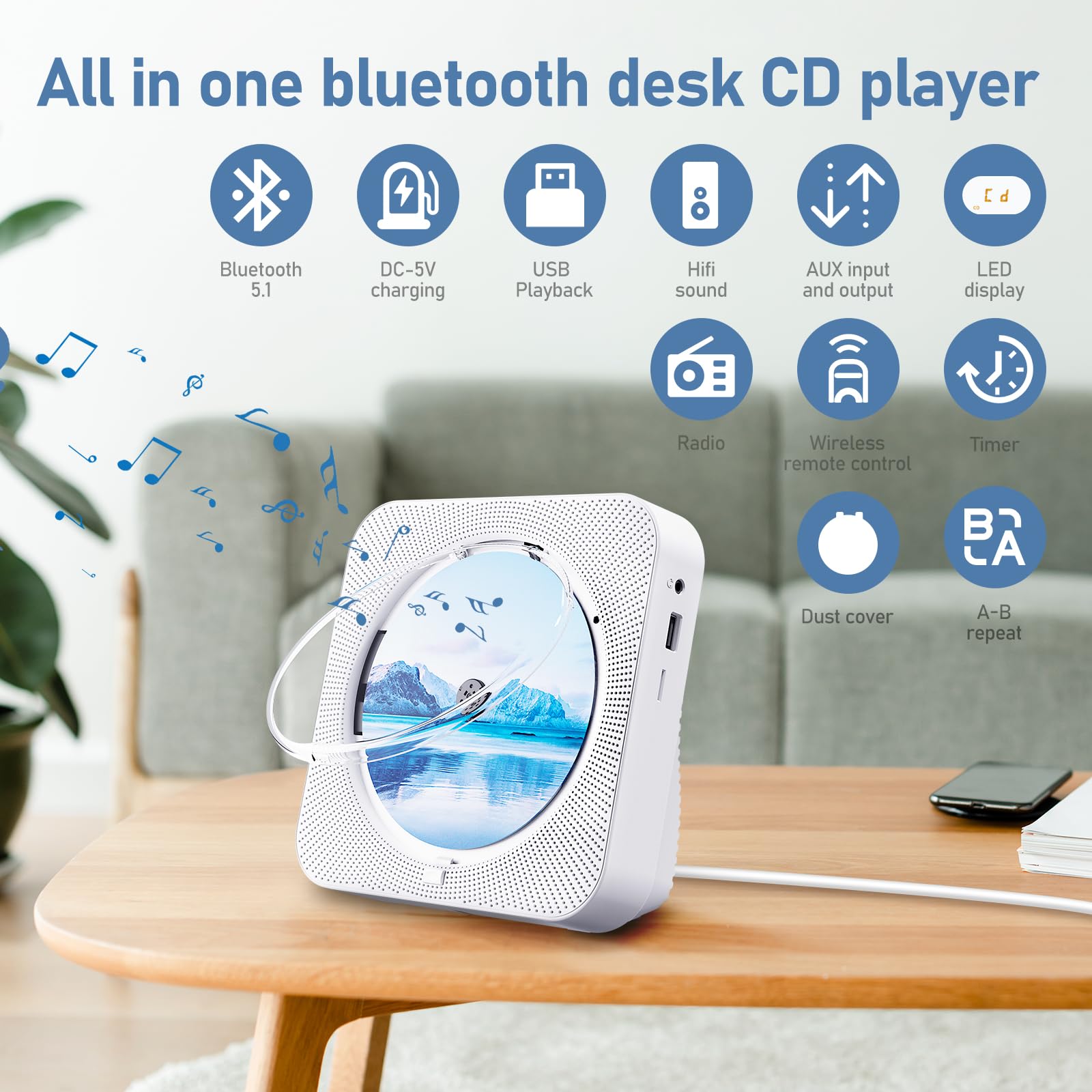 ZYOKATA Portable Bluetooth CD Player with HiFi Sound, Remote, FM Radio & USB/AUX - Perfect for Home & Kids (White) - View 3 of 7