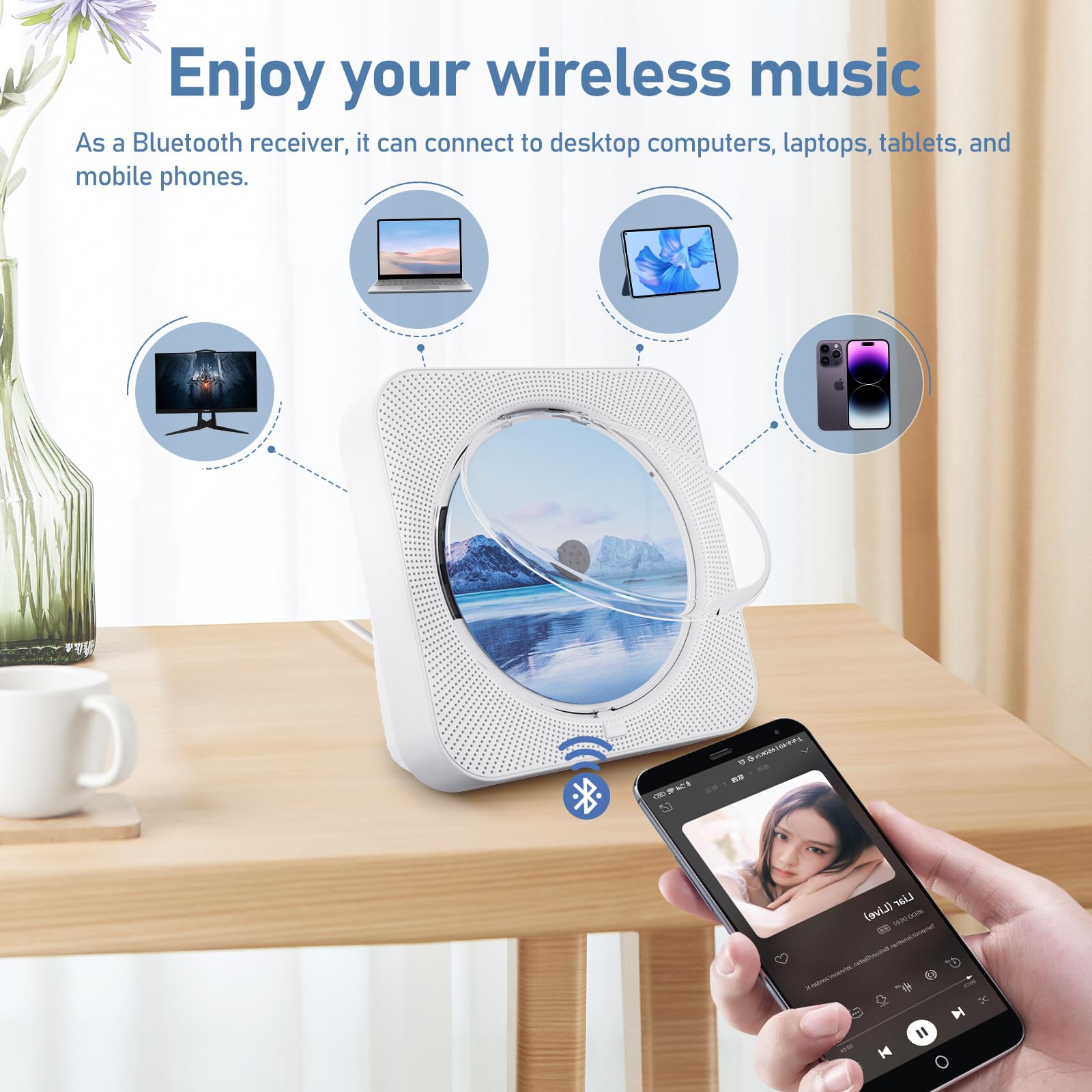 ZYOKATA Portable Bluetooth CD Player with HiFi Sound, Remote, FM Radio & USB/AUX - Perfect for Home & Kids (White) - View 4 of 7