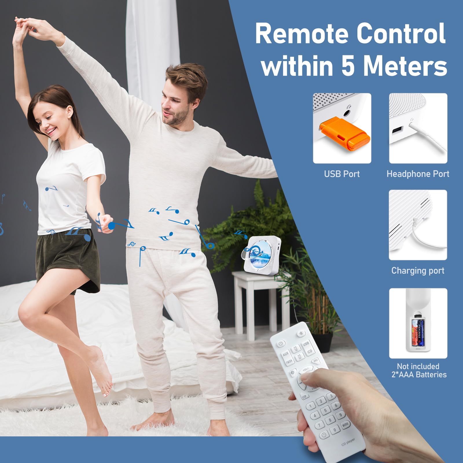 ZYOKATA Portable Bluetooth CD Player with HiFi Sound, Remote, FM Radio & USB/AUX - Perfect for Home & Kids (White) - View 6 of 7