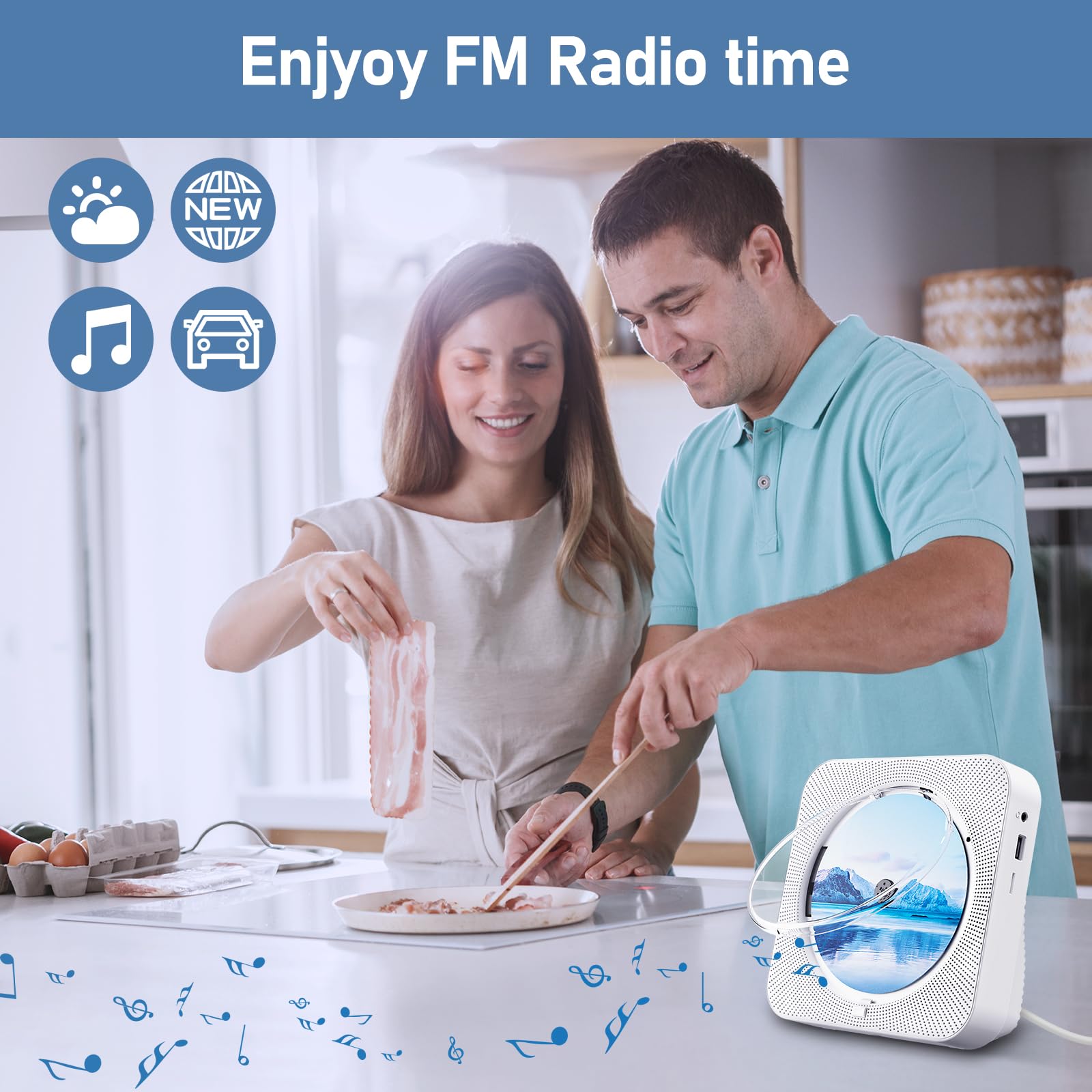 ZYOKATA Portable Bluetooth CD Player with HiFi Sound, Remote, FM Radio & USB/AUX - Perfect for Home & Kids (White) - View 7 of 7