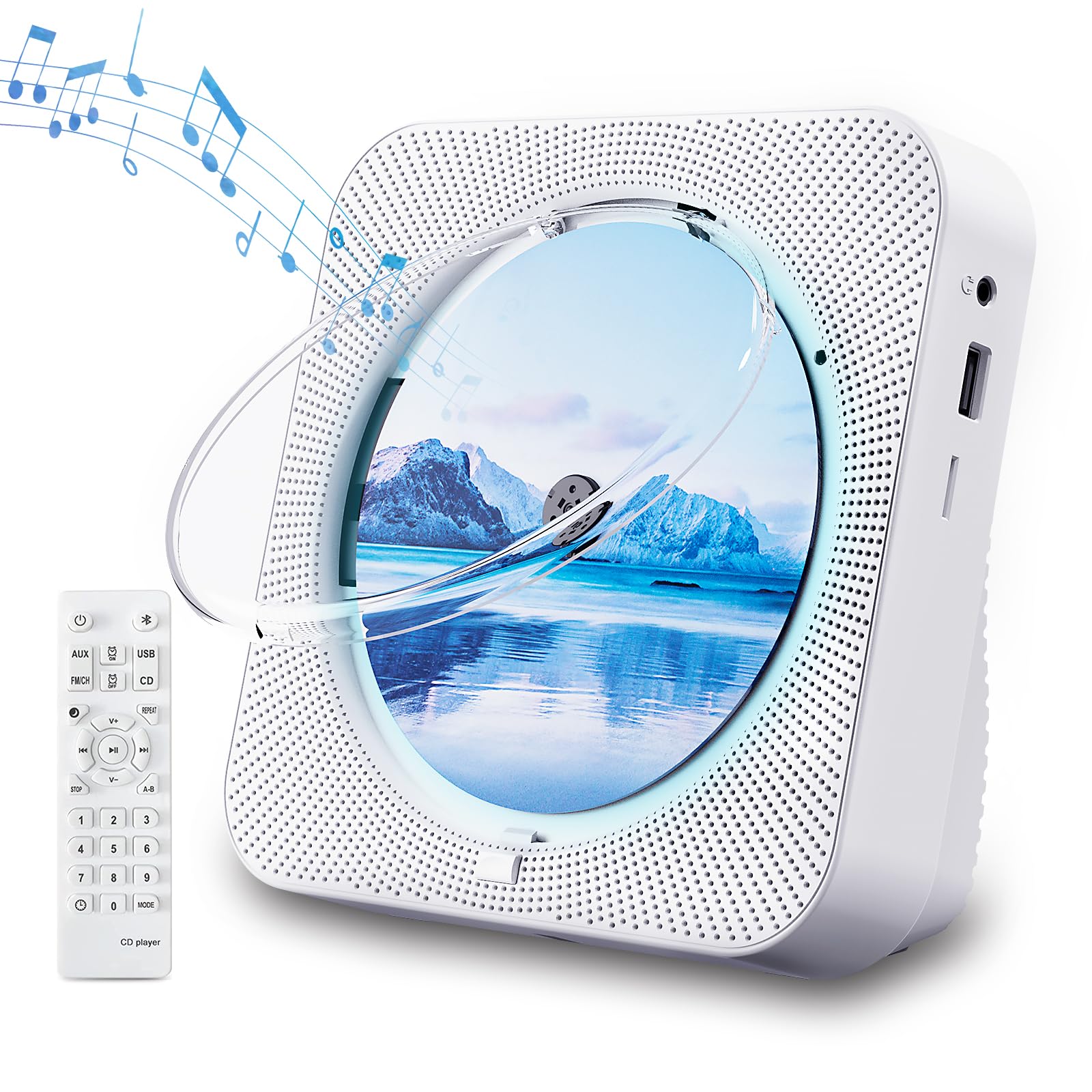 ZYOKATA Portable Bluetooth CD Player with HiFi Sound, Remote, FM Radio & USB/AUX - Perfect for Home & Kids (White)