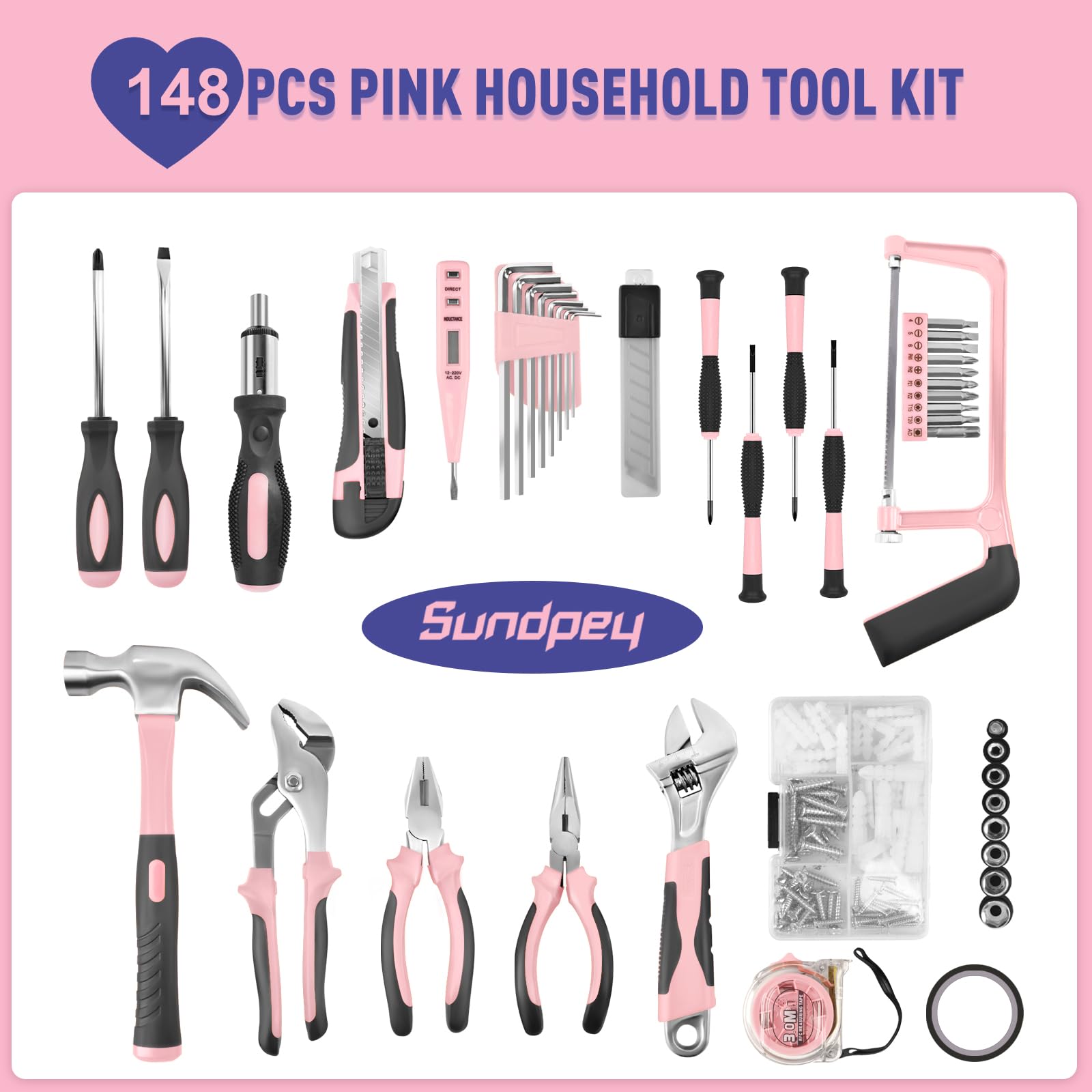 Sundpey Sundpey Home Tool Kit 148 Pieces Essential Hand Repair Set with Case Screwdriver Pliers Wrench Voltage Tester for Women - View 2 of 7
