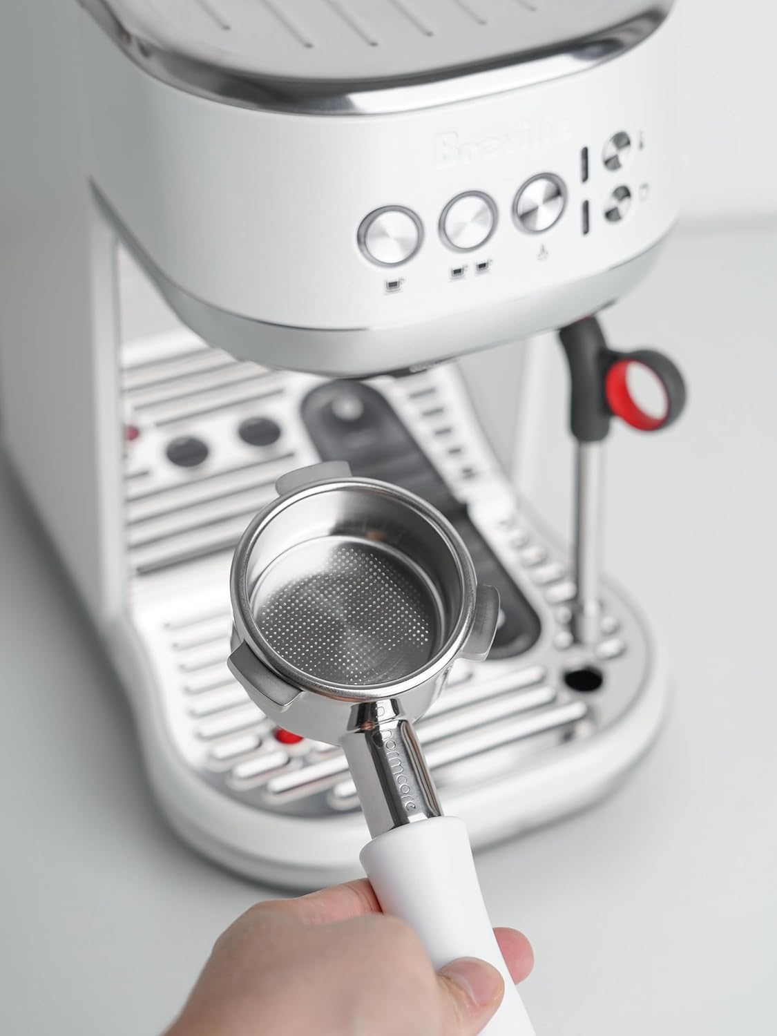 Normcore Normcore 54mm Bottomless Portafilter for Breville Sage Barista Express with 18g Filter Basket and Anodized Aluminum Handle in White - View 3 of 9