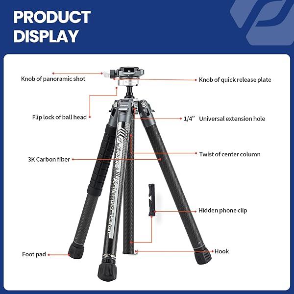 Fotopro Fotopro Carbon Fiber Tripod 1.7lbs Ultralight 62 Inch Portable Compact Travel Tripod for Camera DSLR Load up to 22lbs X-Aircross 3 Lite Grey - View 9 of 9