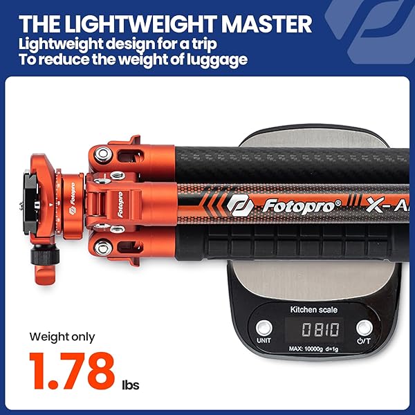 Fotopro Fotopro Carbon Fiber Tripod 1.7lbs Ultralight 62 Inch Portable Compact Travel Tripod for Camera DSLR Load up to 22lbs X-Aircross 3 Lite Orange - View 4 of 9