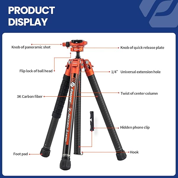 Fotopro Fotopro Carbon Fiber Tripod 1.7lbs Ultralight 62 Inch Portable Compact Travel Tripod for Camera DSLR Load up to 22lbs X-Aircross 3 Lite Orange - View 9 of 9