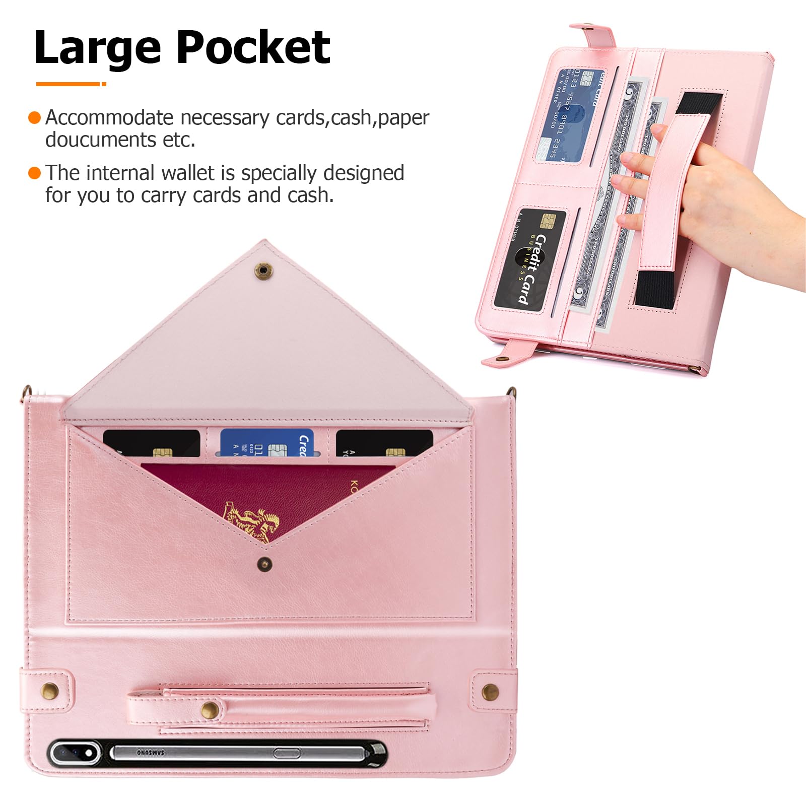 Dteck Dteck Galaxy Tab S10 Ultra Case Business PU Leather Folio Stand Protective Cover with S Pen Holder Card Slots Shoulder Strap Rosegold - View 2 of 6