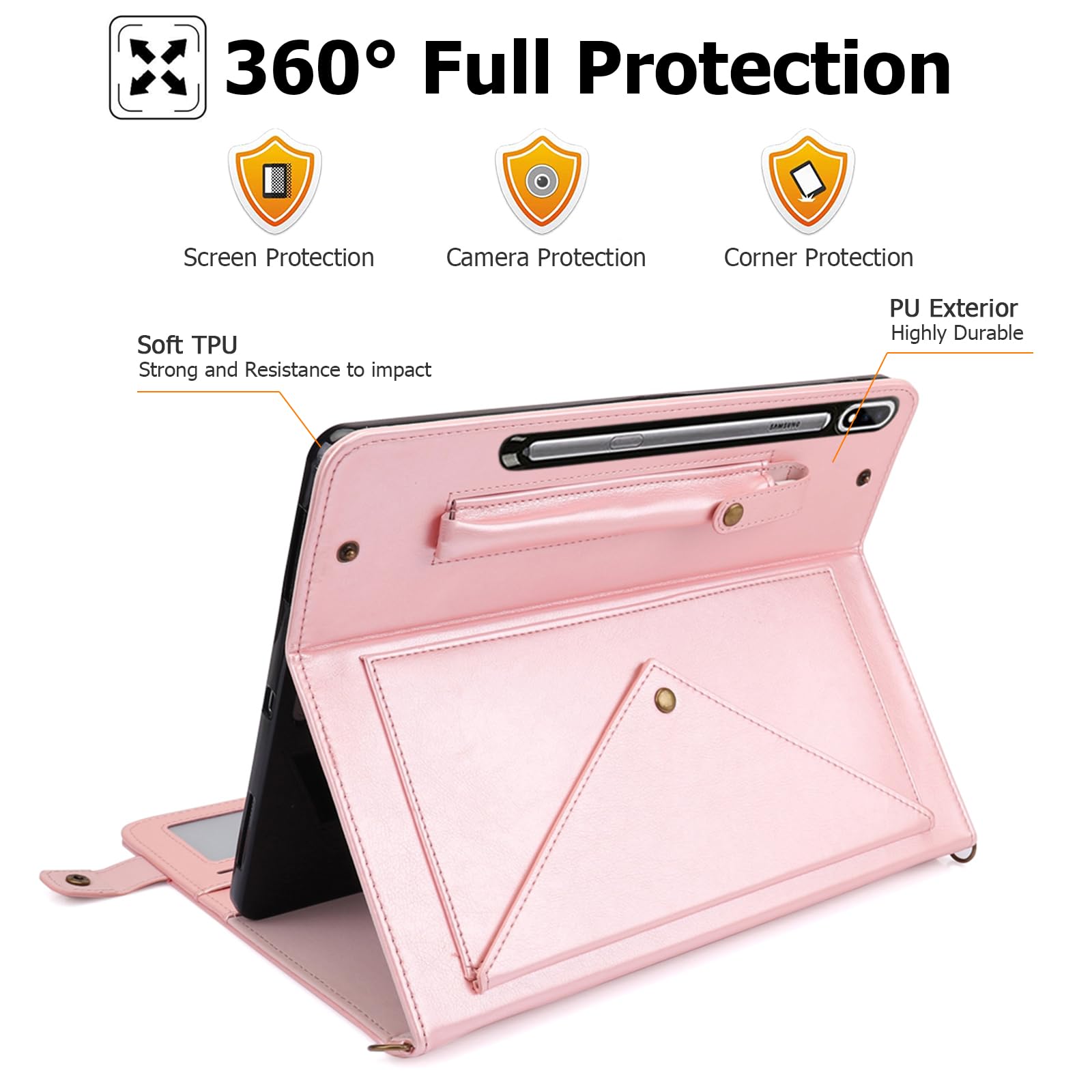 Dteck Dteck Galaxy Tab S10 Ultra Case Business PU Leather Folio Stand Protective Cover with S Pen Holder Card Slots Shoulder Strap Rosegold - View 4 of 6
