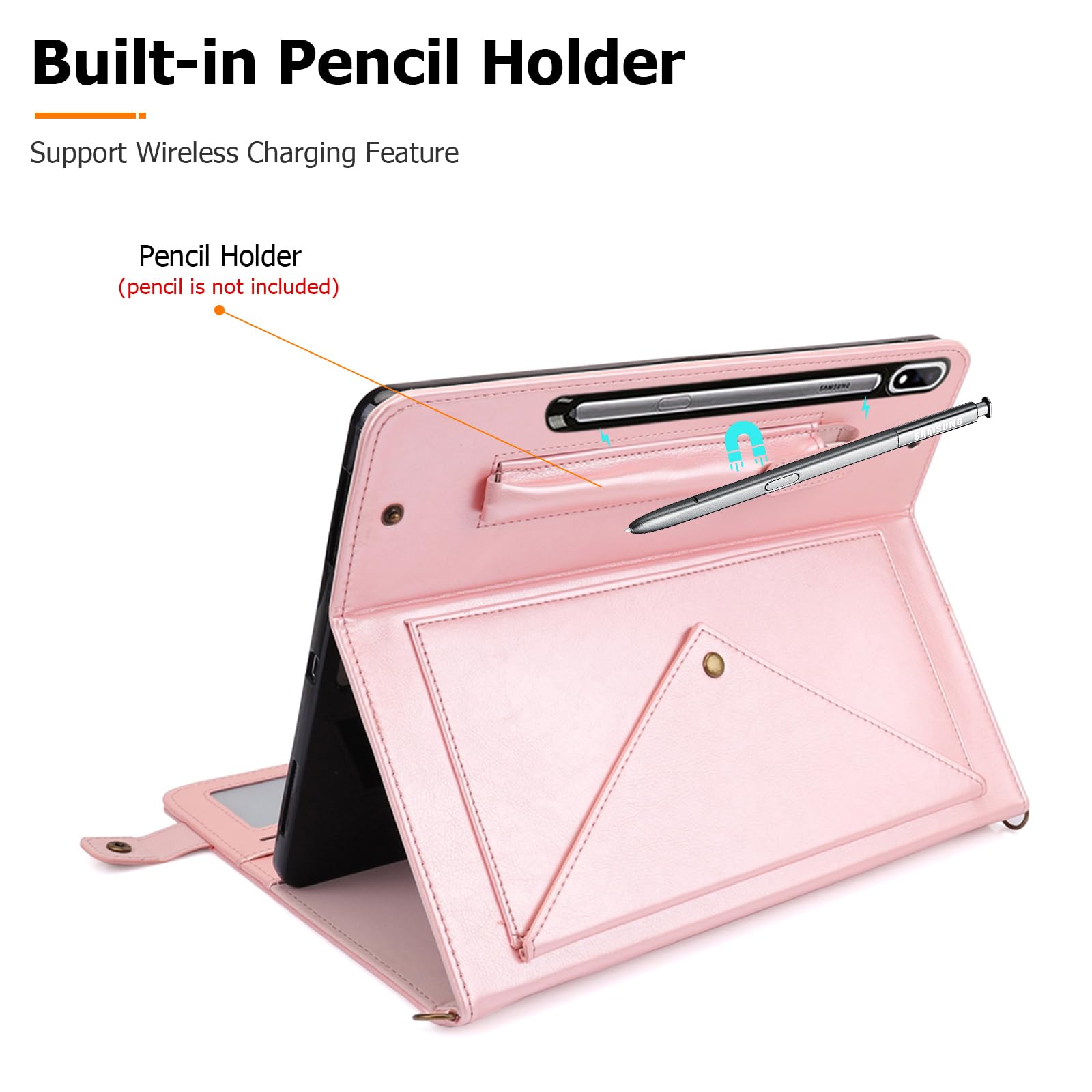 Dteck Dteck Galaxy Tab S10 Ultra Case Business PU Leather Folio Stand Protective Cover with S Pen Holder Card Slots Shoulder Strap Rosegold - View 6 of 6