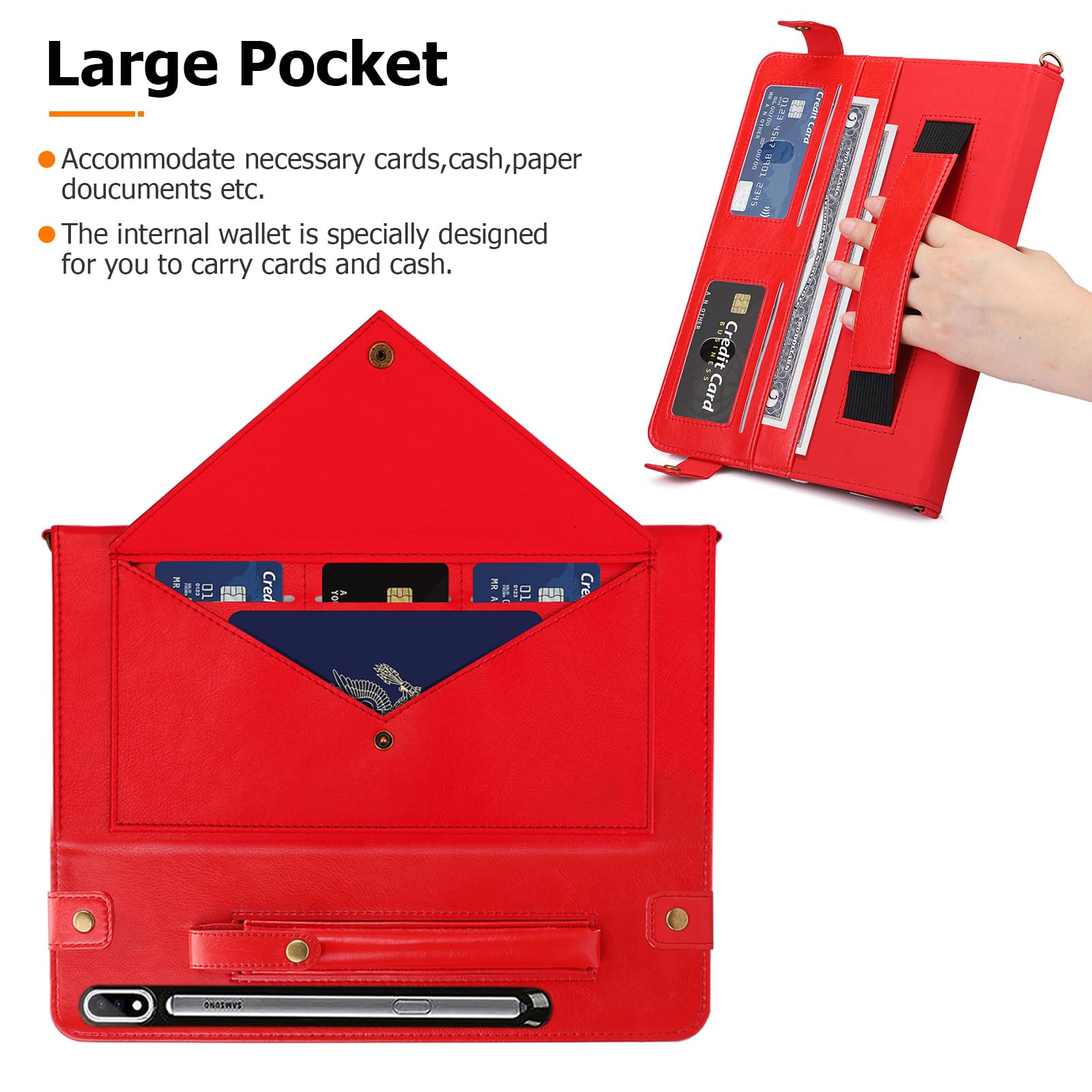 Dteck Dteck Galaxy Tab S10 S9 S8 Ultra Case PU Leather Folio Stand Protective Cover with S Pen Holder Card Slots Shoulder Strap Red - View 2 of 6