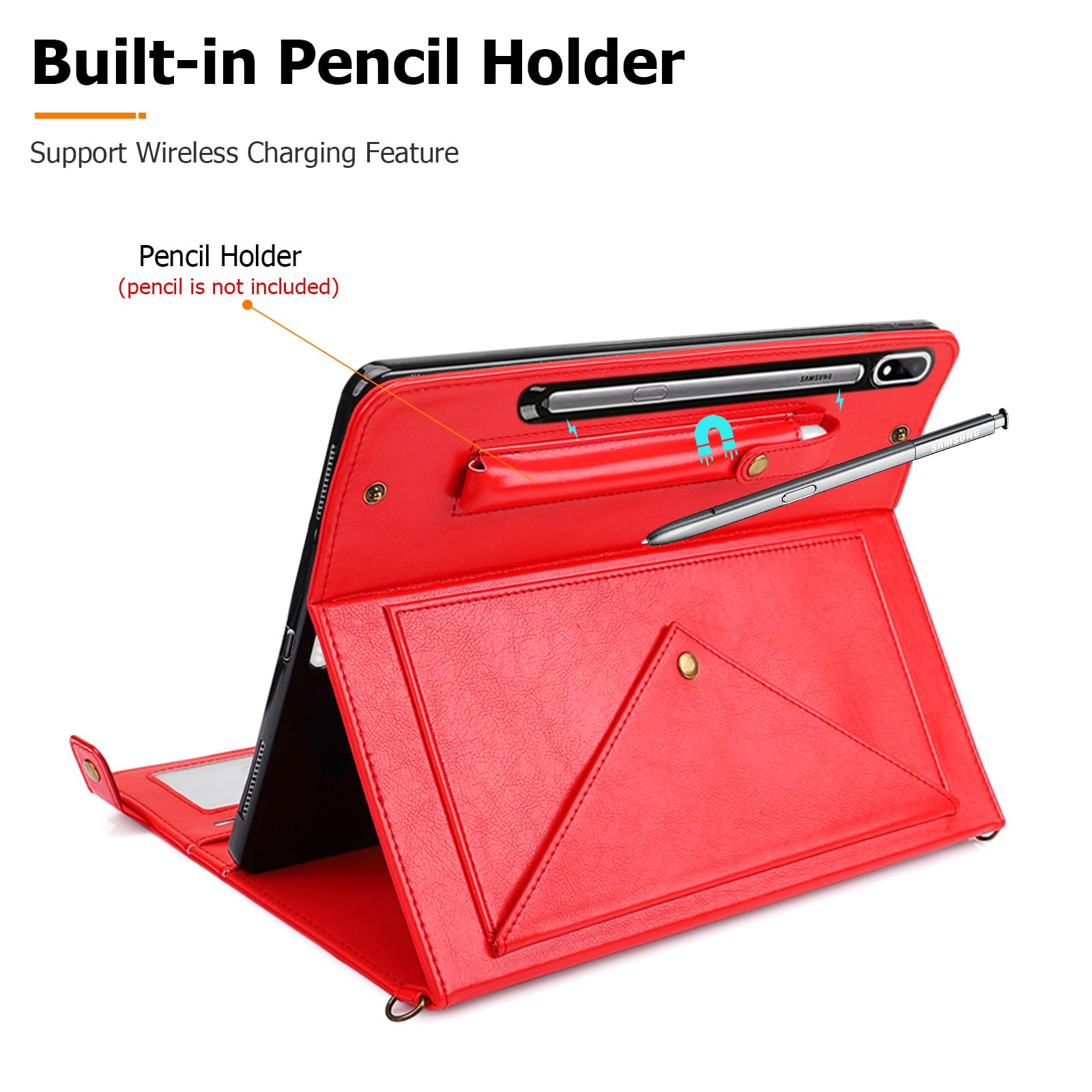 Dteck Dteck Galaxy Tab S10 S9 S8 Ultra Case PU Leather Folio Stand Protective Cover with S Pen Holder Card Slots Shoulder Strap Red - View 6 of 6