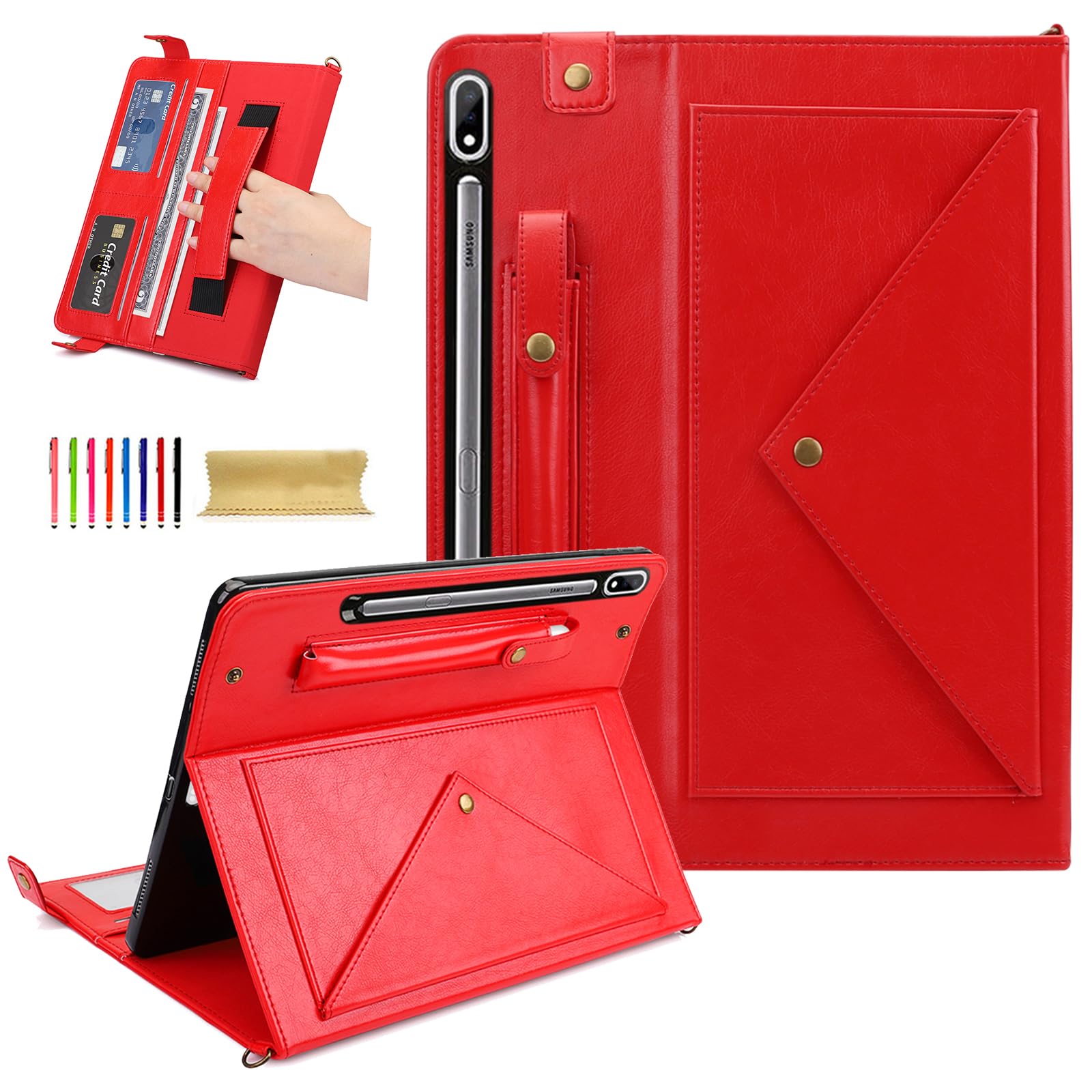Dteck Dteck Galaxy Tab S10 S9 S8 Ultra Case PU Leather Folio Stand Protective Cover with S Pen Holder Card Slots Shoulder Strap Red