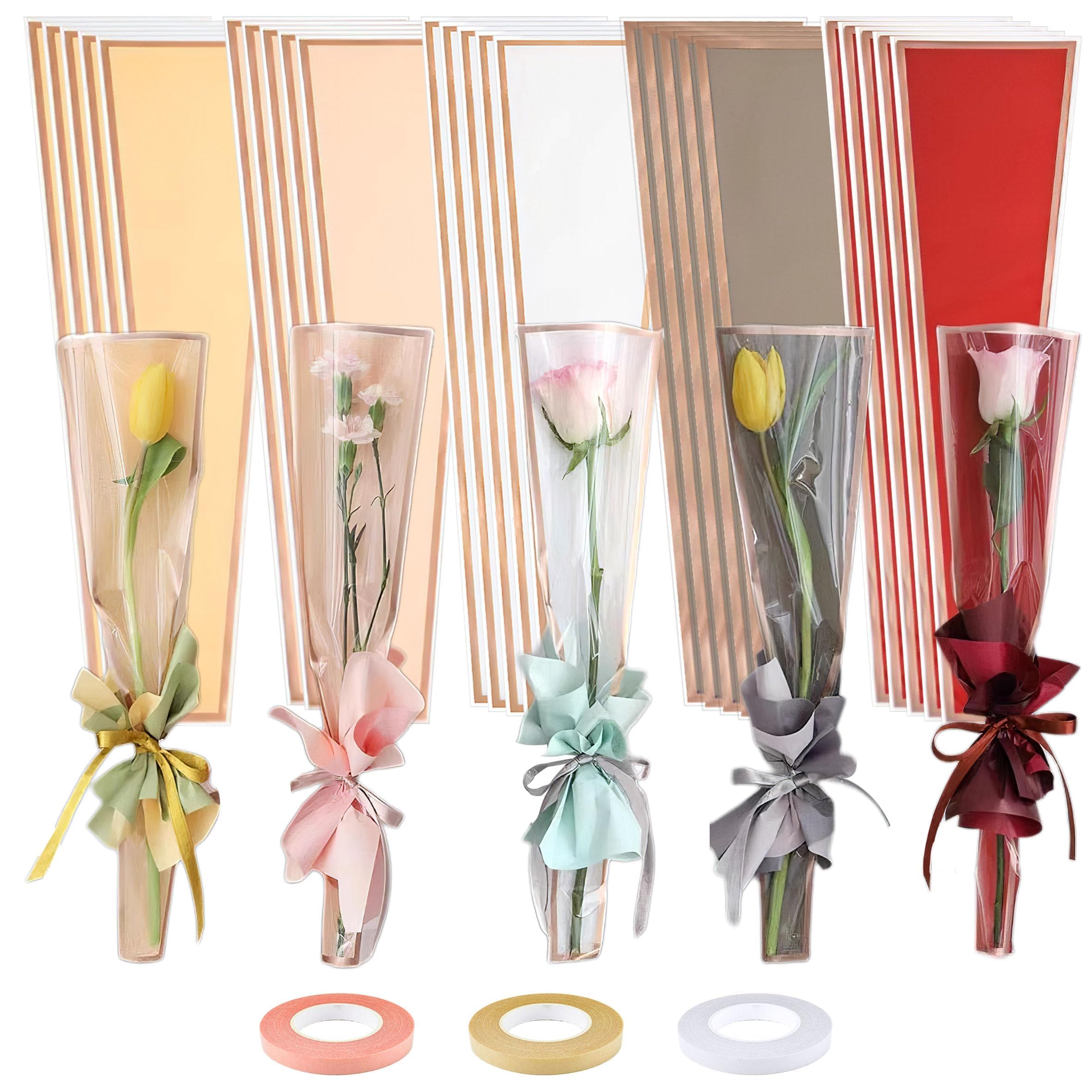 YHNTGB YHNTGB 150 Pcs Flower Sleeves Wrapping Bags for Rose Bouquets Gift Packaging in 5 Colors Ideal for Weddings Valentine's Day and Mother's Day