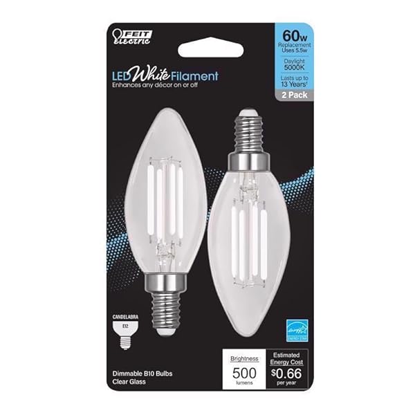 Feit Electric Feit BA10 E12 Candelabra Filament LED Bulb - Daylight 60W Equivalent, 2 Pack