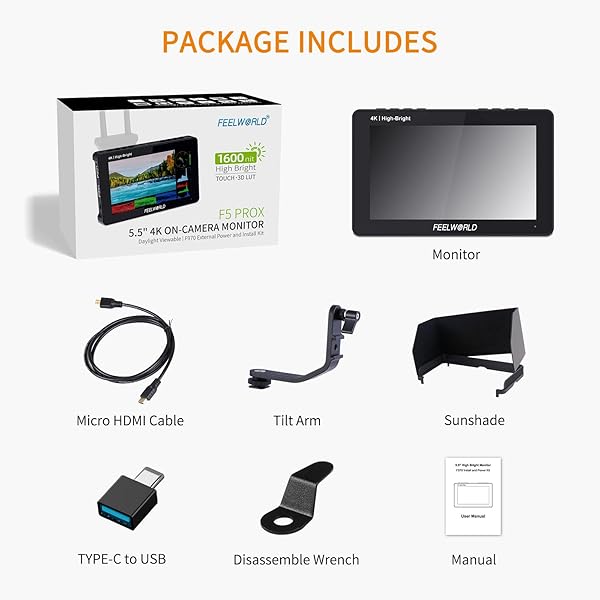 FEELWORLD "FEELWORLD F5 Prox 5.5" 1600nit DSLR Monitor: Touchscreen, 3D LUT, HDMI, & Power Kit for 4K Filmmaking" - View 11 of 11