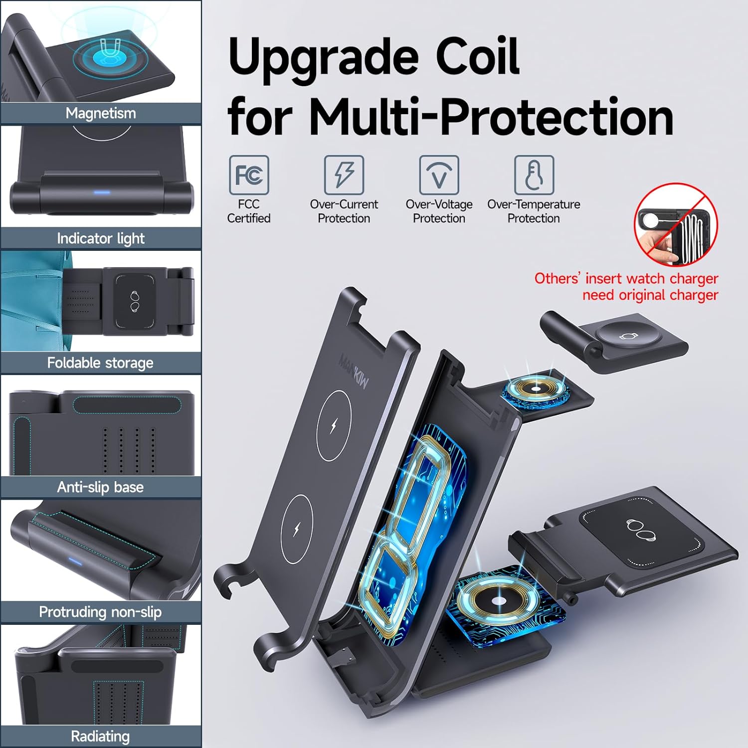 MANKIW MANKIW Foldable 3 in 1 Wireless Charging Station for Samsung Galaxy S24 S23 S22 S20 Ultra Z Flip Fold 5 4 3 Galaxy Watch 6 5 4 3 Buds - View 4 of 8