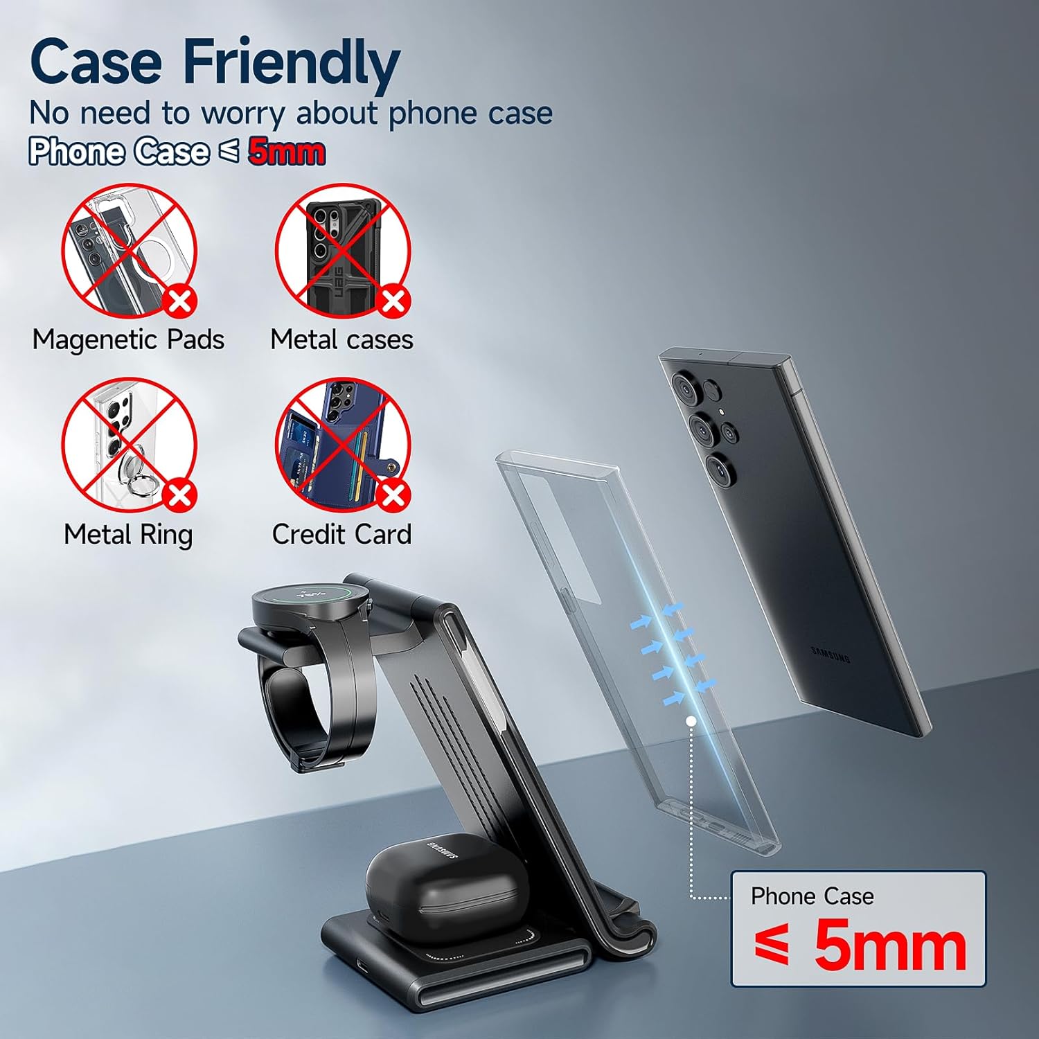 MANKIW MANKIW Foldable 3 in 1 Wireless Charging Station for Samsung Galaxy S24 S23 S22 S20 Ultra Z Flip Fold 5 4 3 Galaxy Watch 6 5 4 3 Buds - View 5 of 8