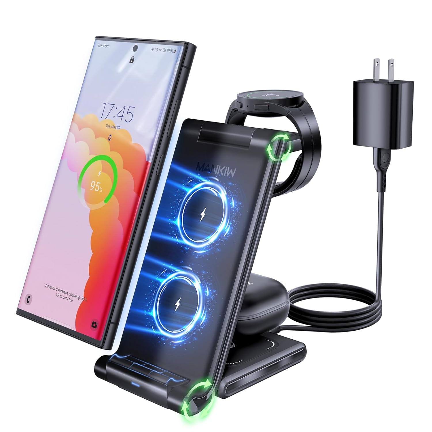 MANKIW MANKIW Foldable 3 in 1 Wireless Charging Station for Samsung Galaxy S24 S23 S22 S20 Ultra Z Flip Fold 5 4 3 Galaxy Watch 6 5 4 3 Buds