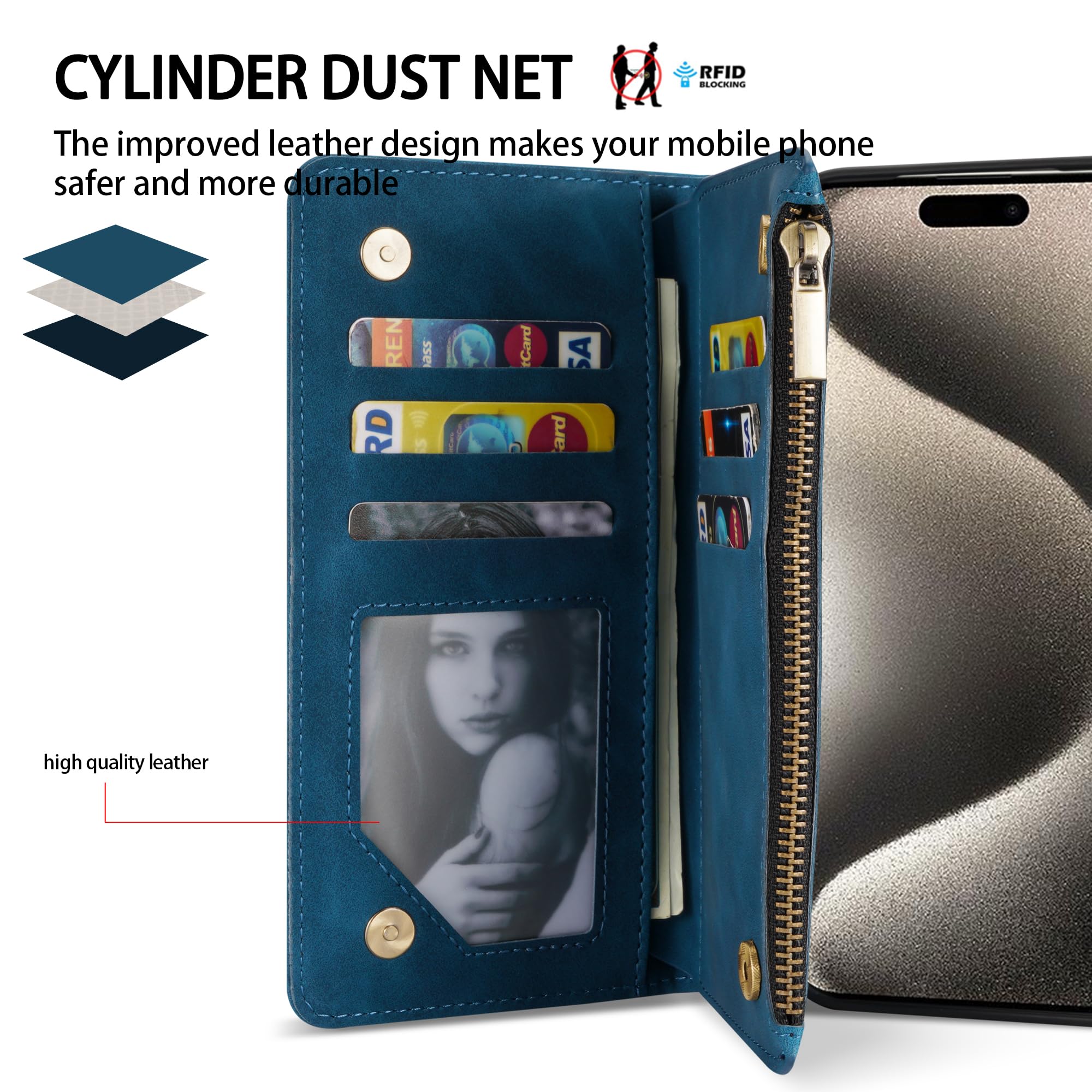 ZZXX iPhone 15 Pro Max Case Wallet RFID Blocking Card Slot Premium Soft PU Leather Folio Flip with Wrist Strap Protective Cover Blue 6.7 inch - View 2 of 7