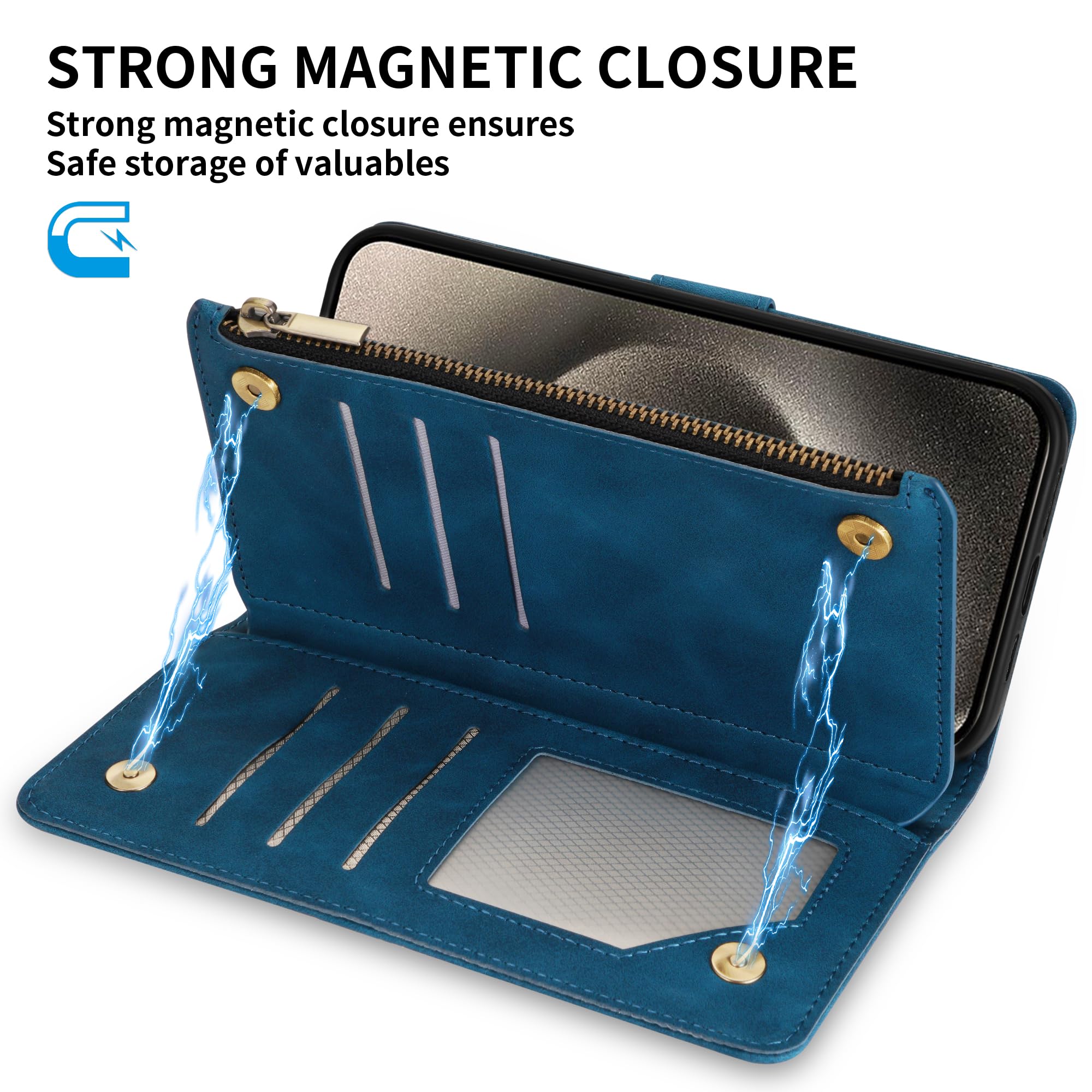 ZZXX iPhone 15 Pro Max Case Wallet RFID Blocking Card Slot Premium Soft PU Leather Folio Flip with Wrist Strap Protective Cover Blue 6.7 inch - View 5 of 7