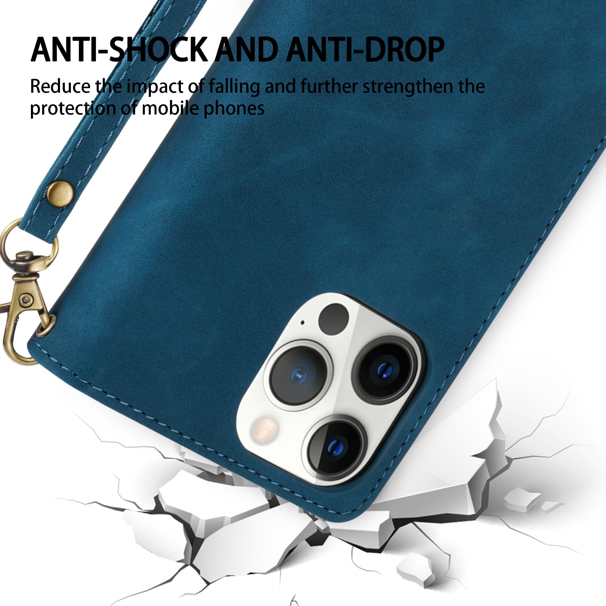 ZZXX iPhone 15 Pro Max Case Wallet RFID Blocking Card Slot Premium Soft PU Leather Folio Flip with Wrist Strap Protective Cover Blue 6.7 inch - View 7 of 7