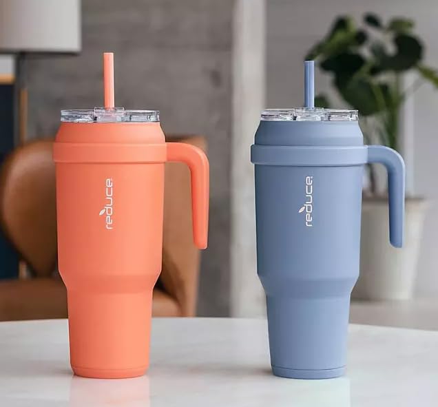Reduce 50 oz Mug Tumbler with Handle and Straw Stainless Steel Keeps Water Cold 50 Hours SweatProof Dishwasher Safe BPA Free 2 Pack Green Beige