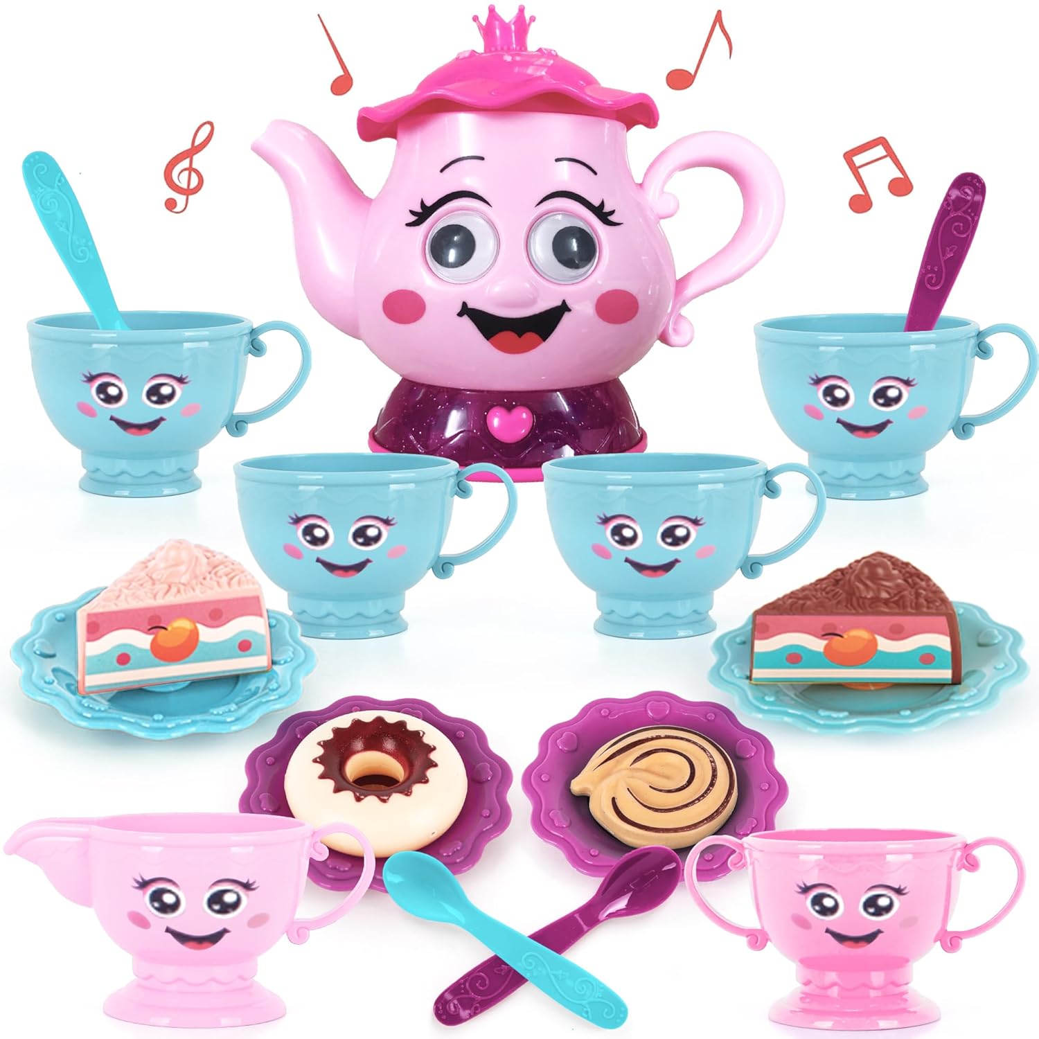 ArtCreativity Musical Tea Set for Girls 19 Piece Toddler Tea Party Set with Sound Music and Lights for Kids Ages 3 to 6