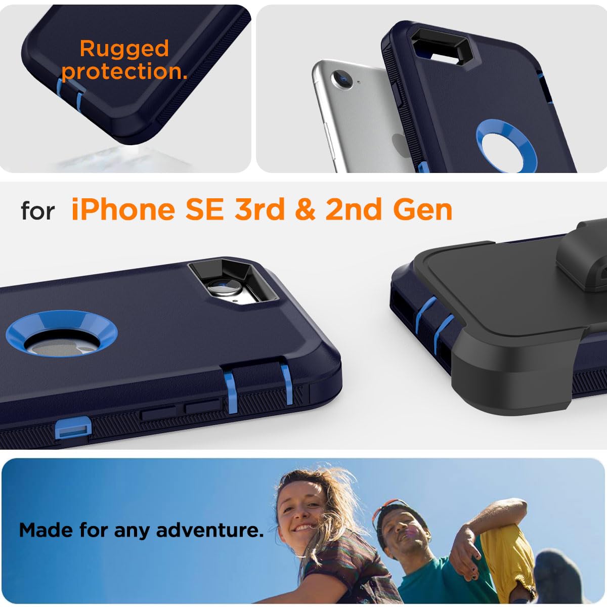 AICase Heavy Duty Protective Case for iPhone SE 3rd 2nd Generation with Belt Clip Holster and Built-in Screen Protector Admiral Blue - View 2 of 9