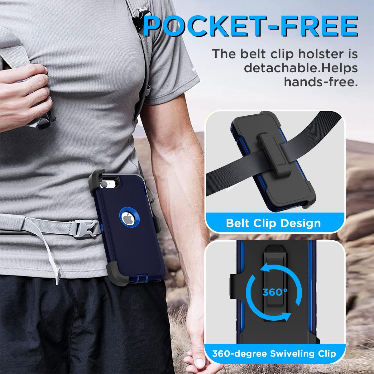 AICase Heavy Duty Protective Case for iPhone SE 3rd 2nd Generation with Belt Clip Holster and Built-in Screen Protector Admiral Blue - View 3 of 9