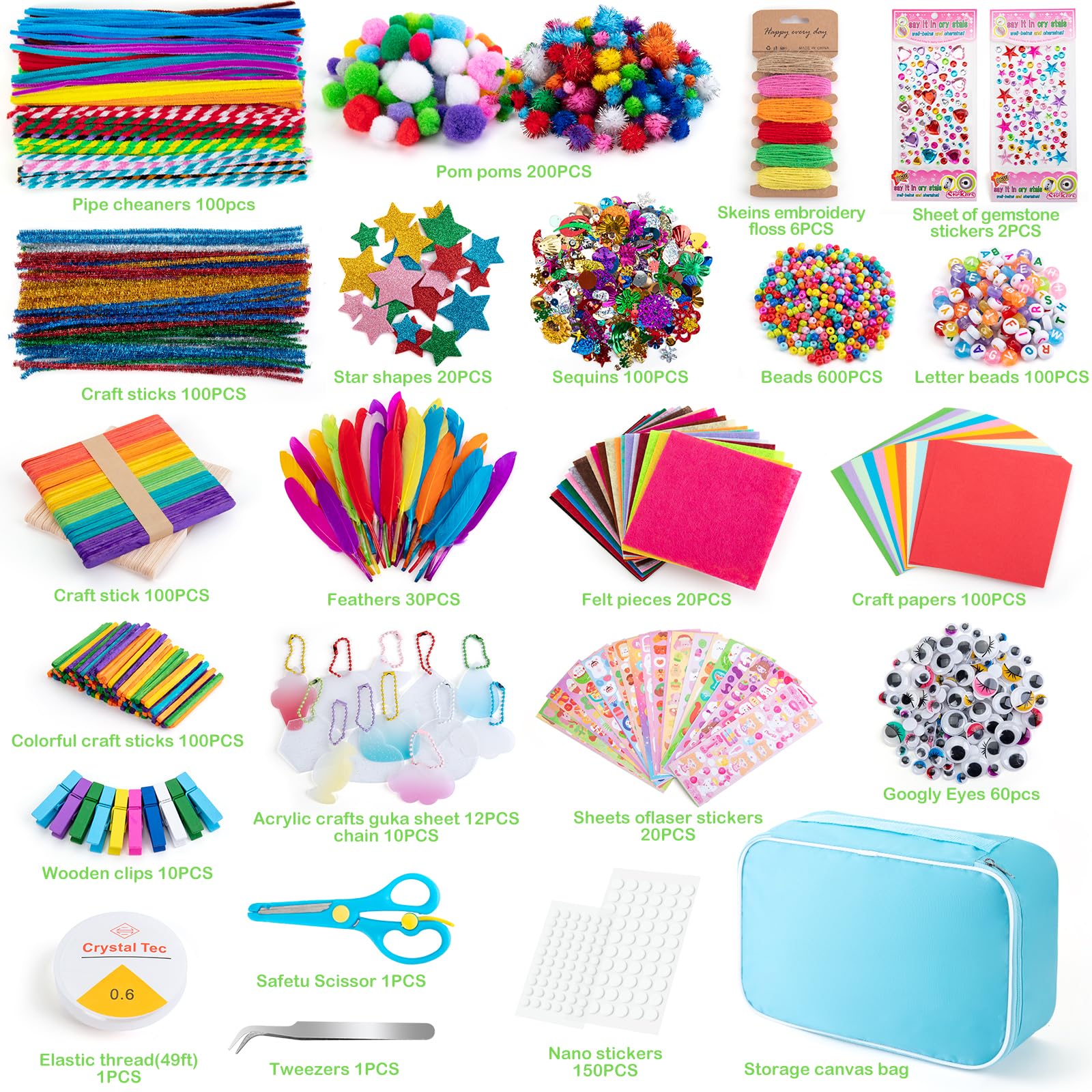 Sundaymot Sundaymot Arts and Crafts Supplies for Kids 2000 Pcs Craft Kits DIY School Projects Bulk Set with Art Supplies and Oxford Cloth Bag Ages 6+ - View 6 of 6